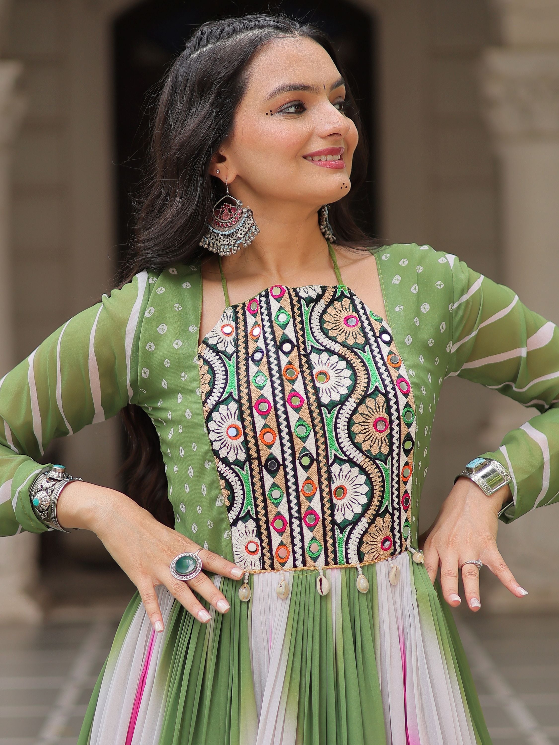 Green georgette Bandhej print Gamthi embroidery mirror work gown
