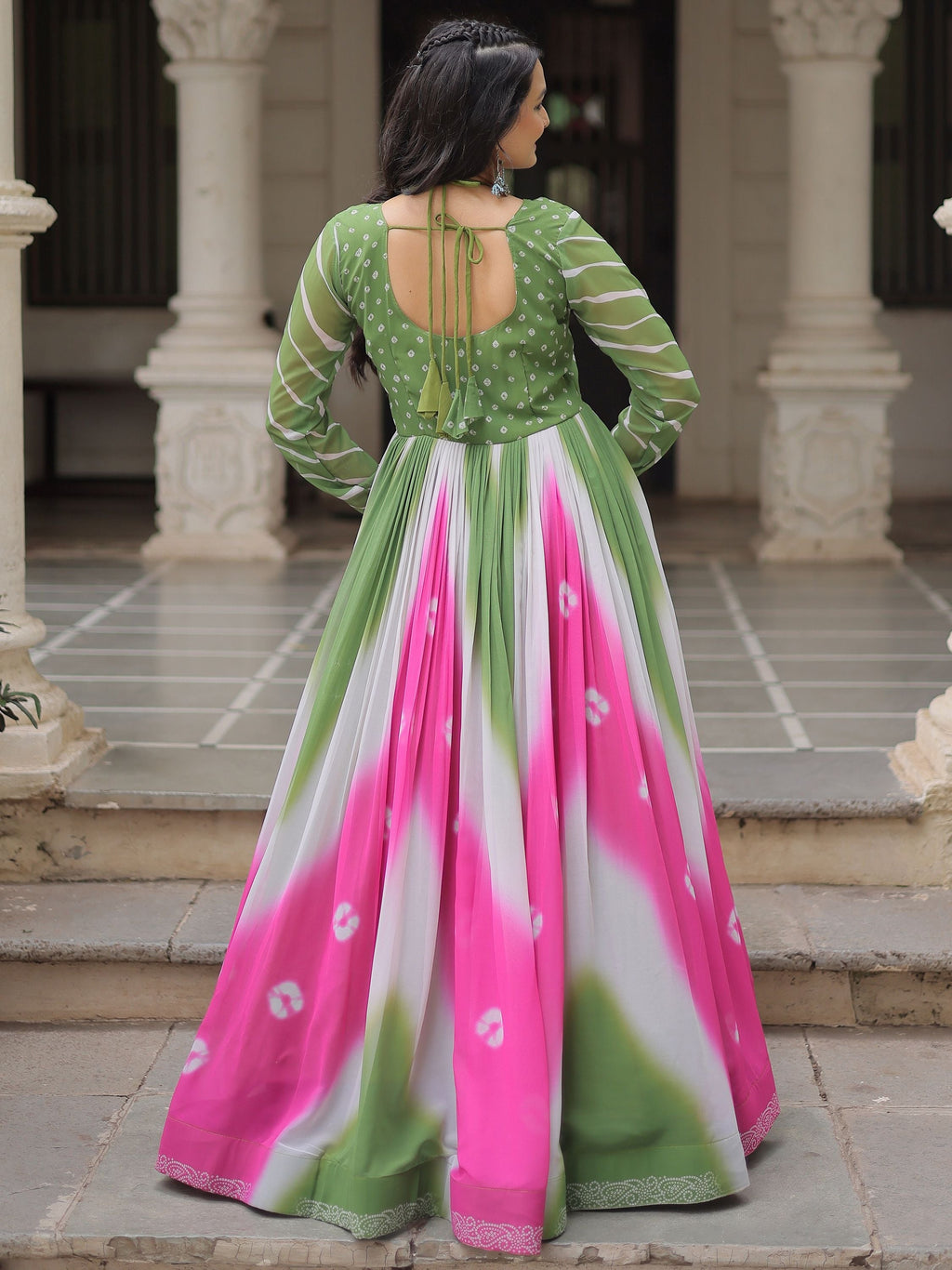 Green georgette Bandhej print Gamthi embroidery mirror work gown