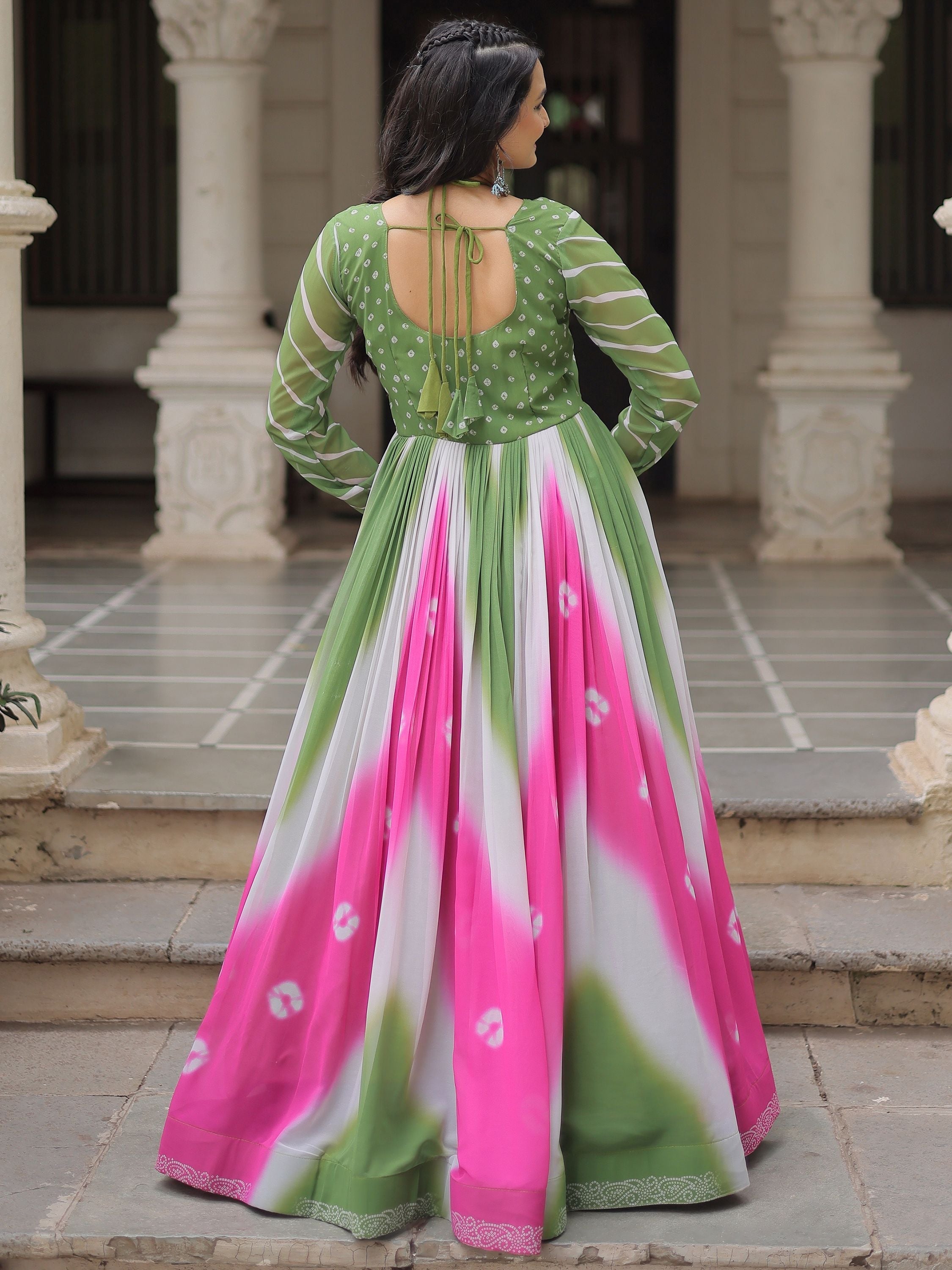 Green georgette Bandhej print Gamthi embroidery mirror work gown