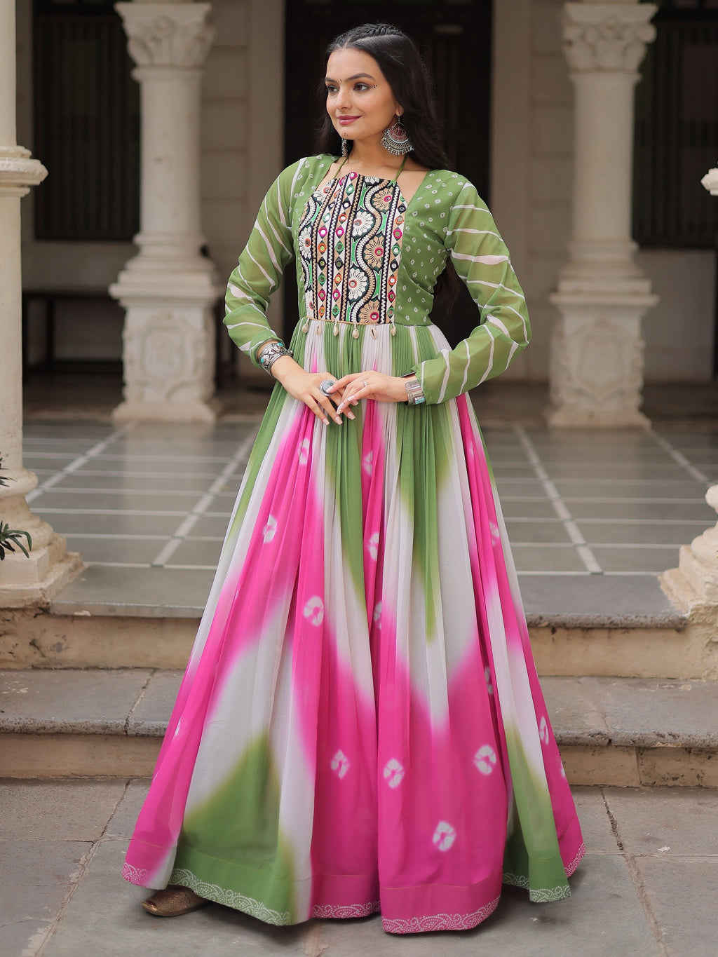 Green georgette Bandhej print Gamthi embroidery mirror work gown