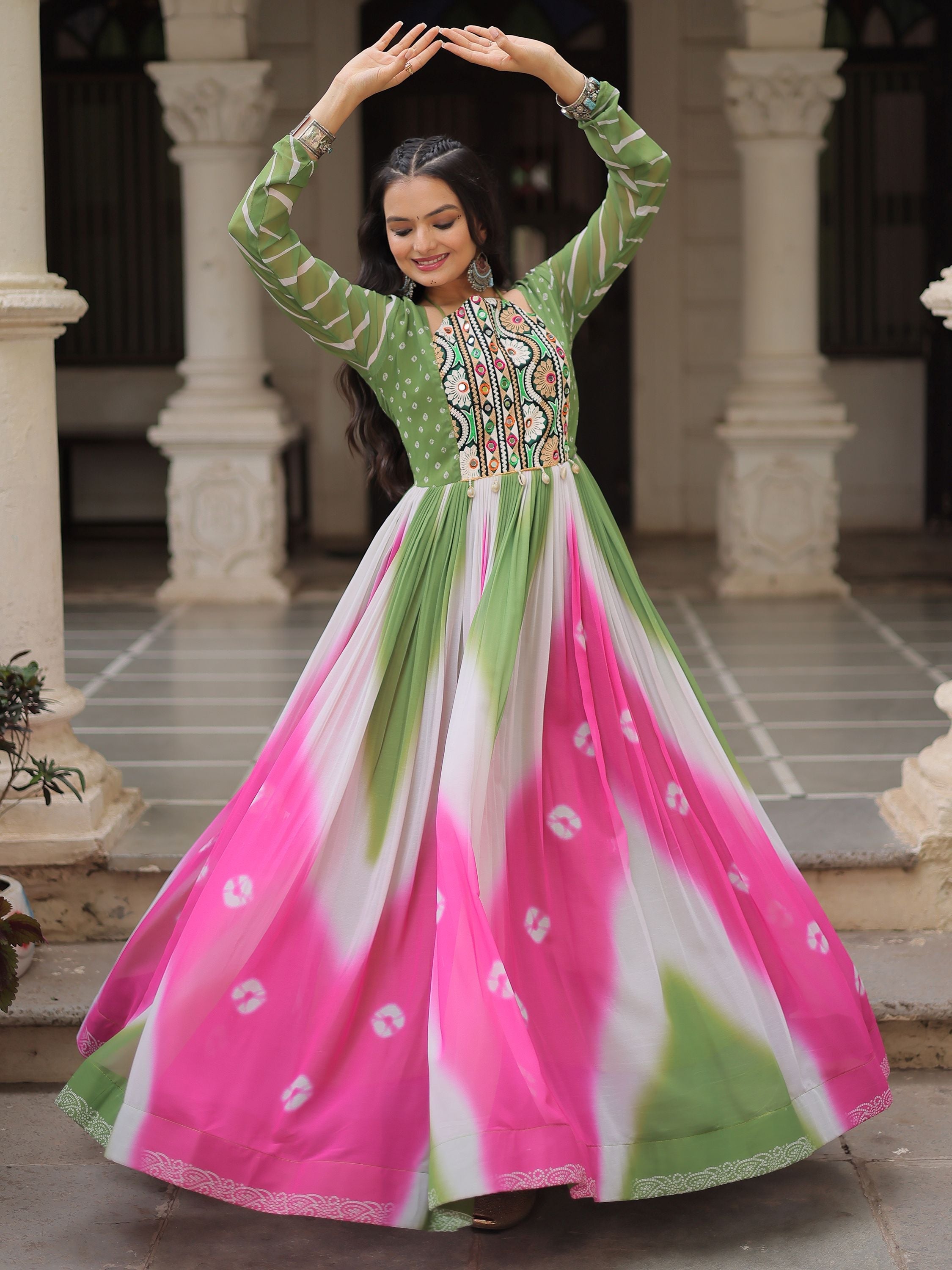 Green georgette Bandhej print Gamthi embroidery mirror work gown