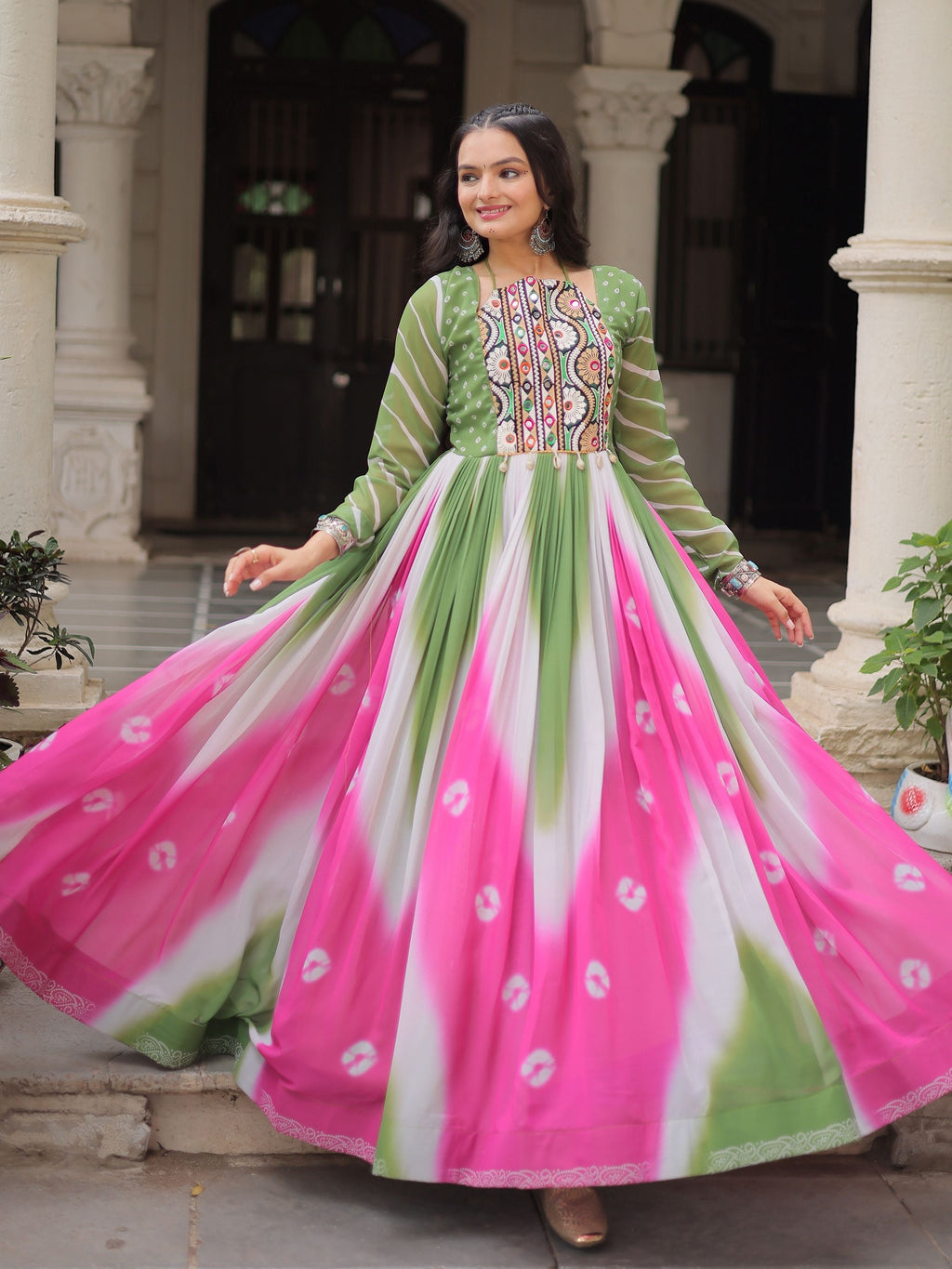 Green georgette Bandhej print Gamthi embroidery mirror work gown