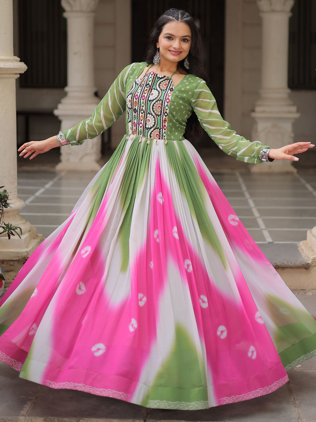 Green georgette Bandhej print Gamthi embroidery mirror work gown