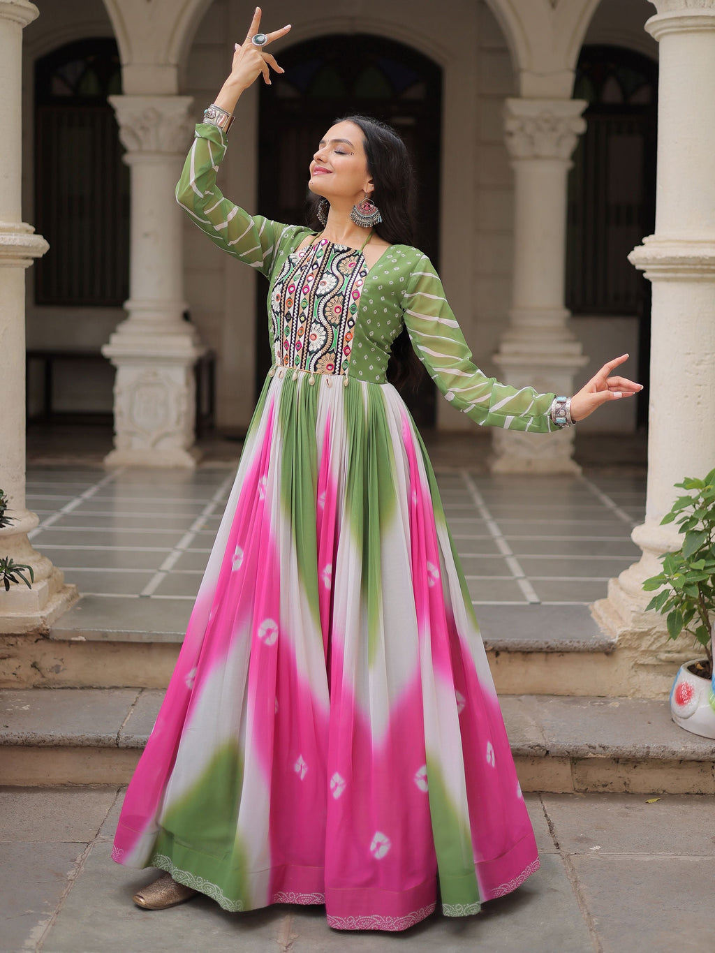 Green georgette Bandhej print Gamthi embroidery mirror work gown