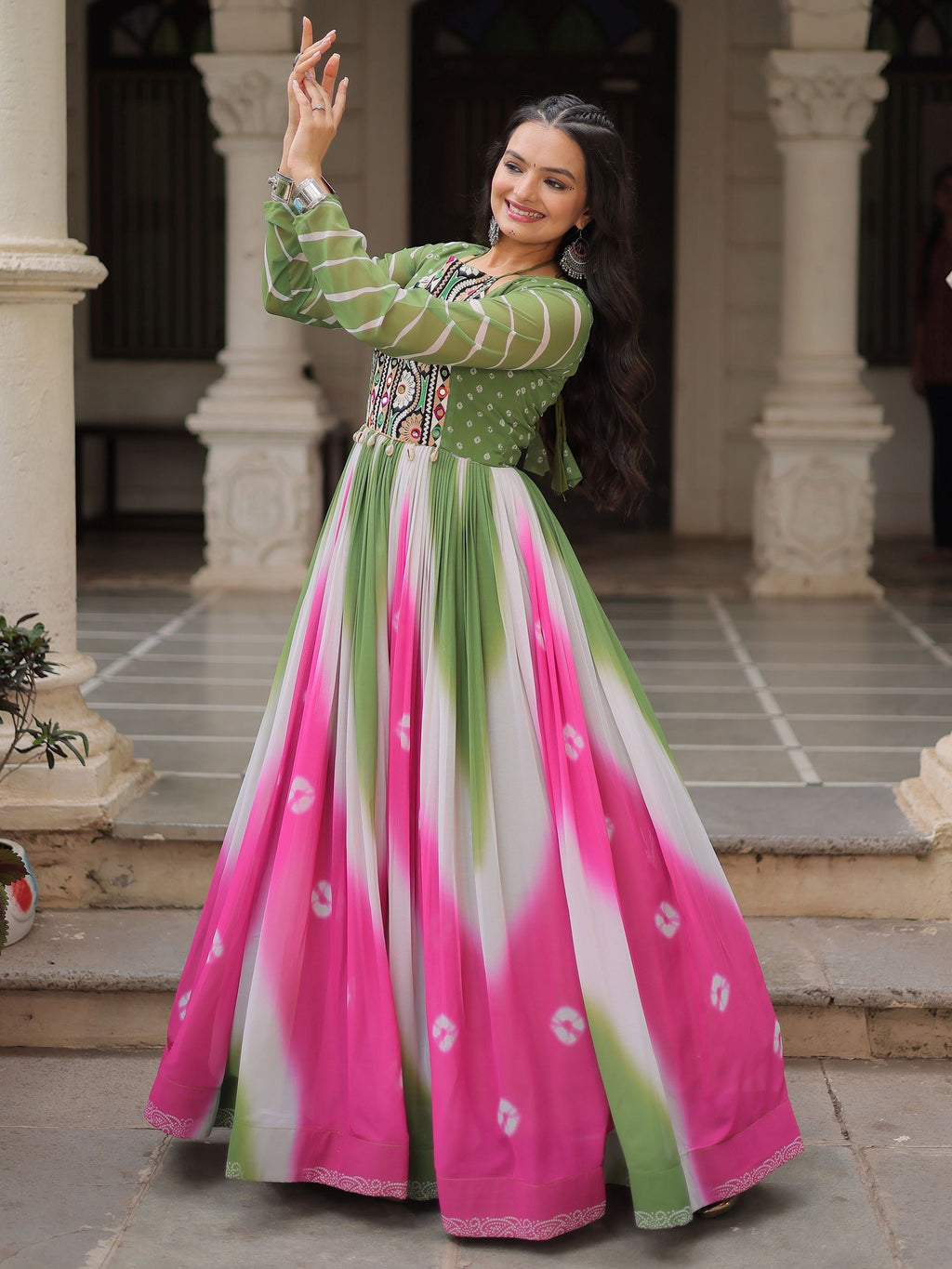 Green georgette Bandhej print Gamthi embroidery mirror work gown