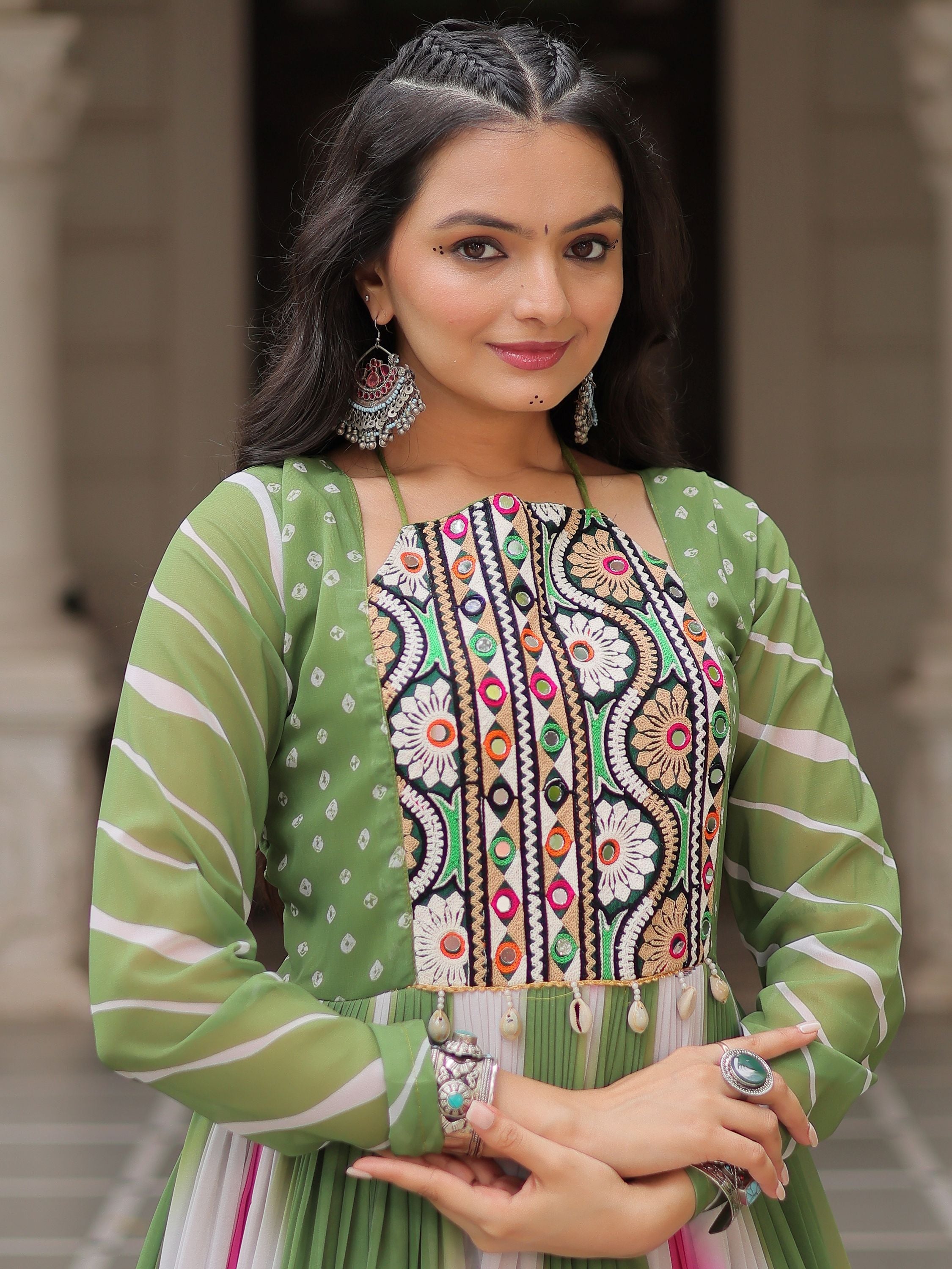 Green georgette Bandhej print Gamthi embroidery mirror work gown