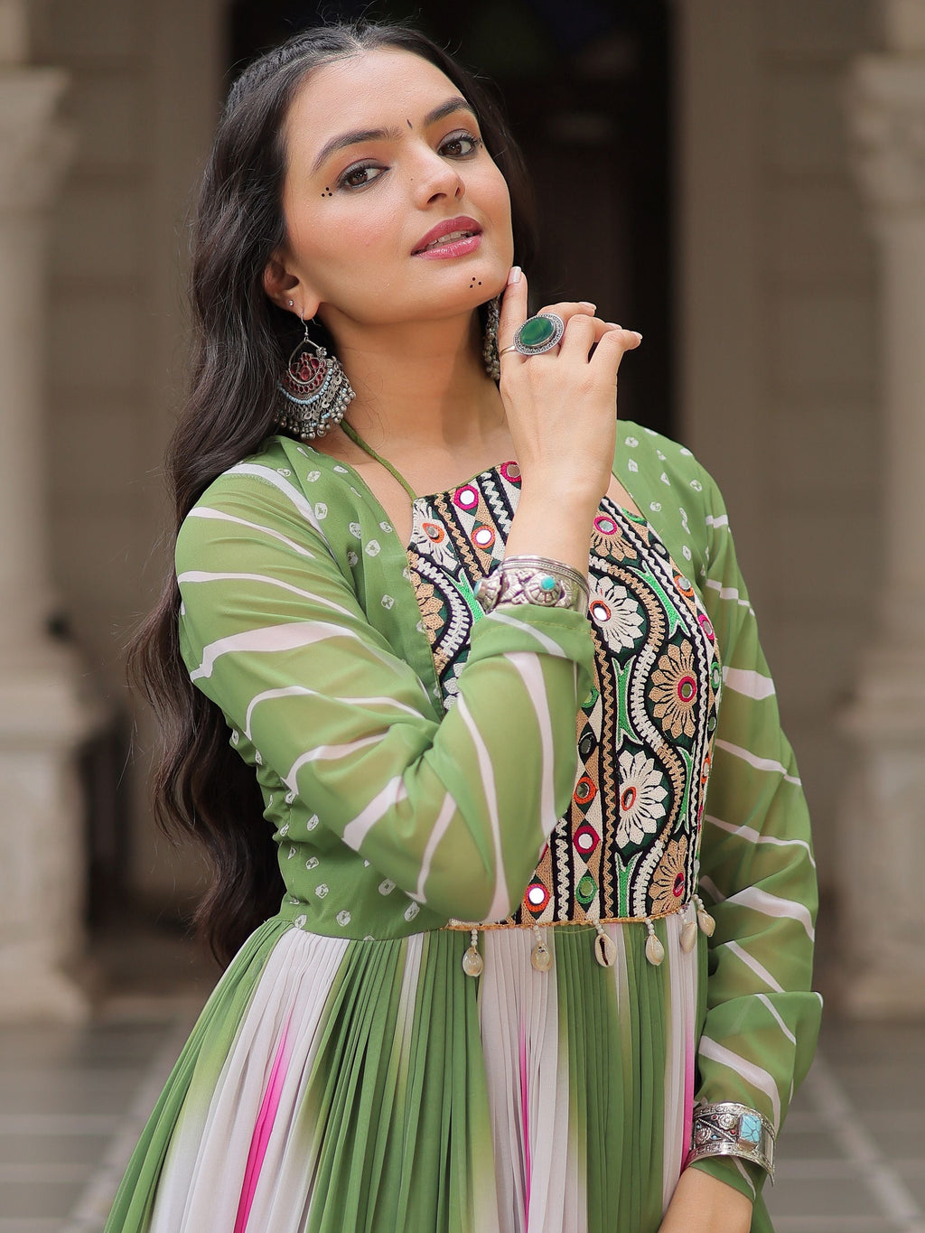Green georgette Bandhej print Gamthi embroidery mirror work gown
