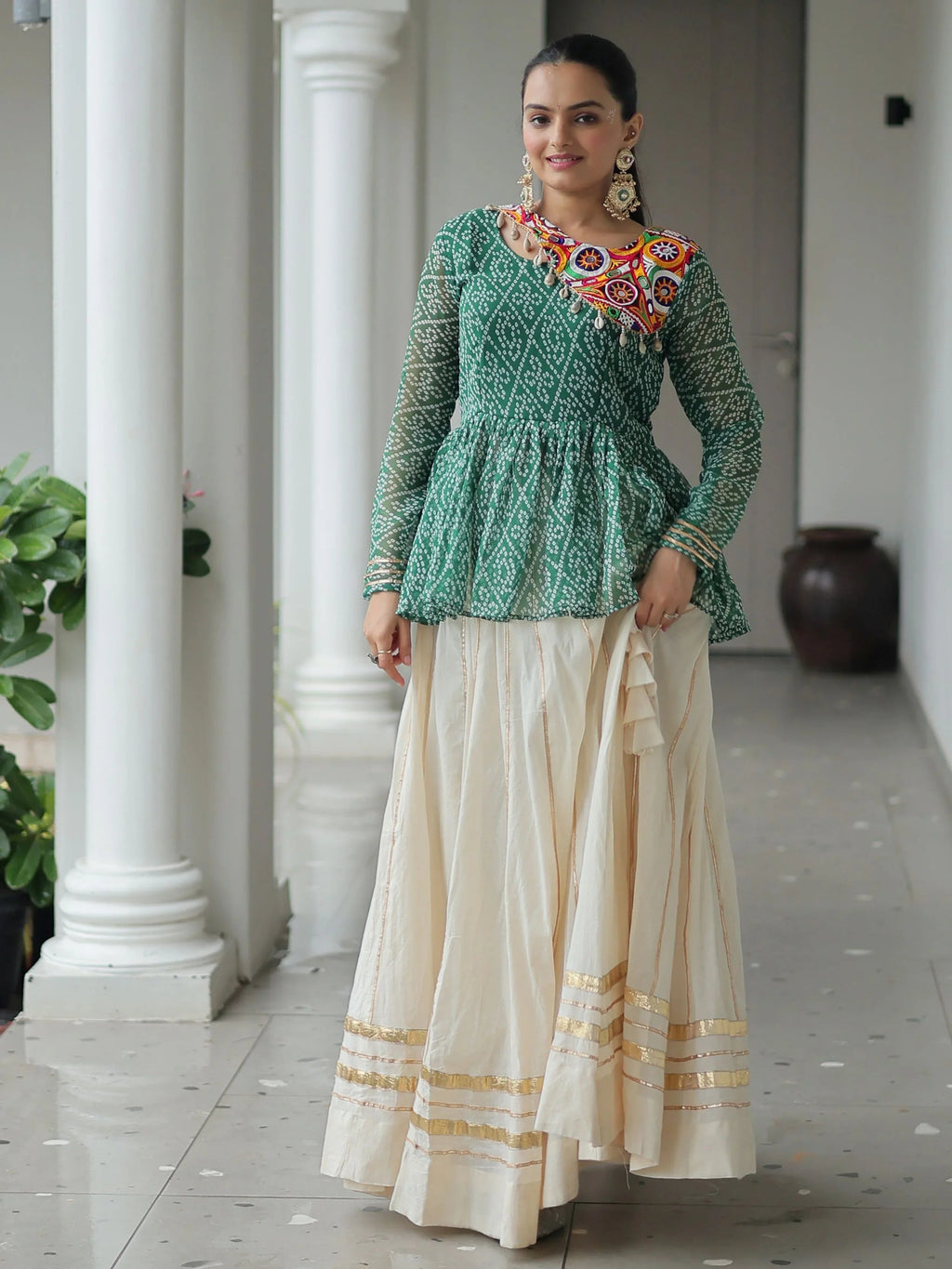 Green Kora cotton Bandhani print top with Gota Patti lehenga for Navratri