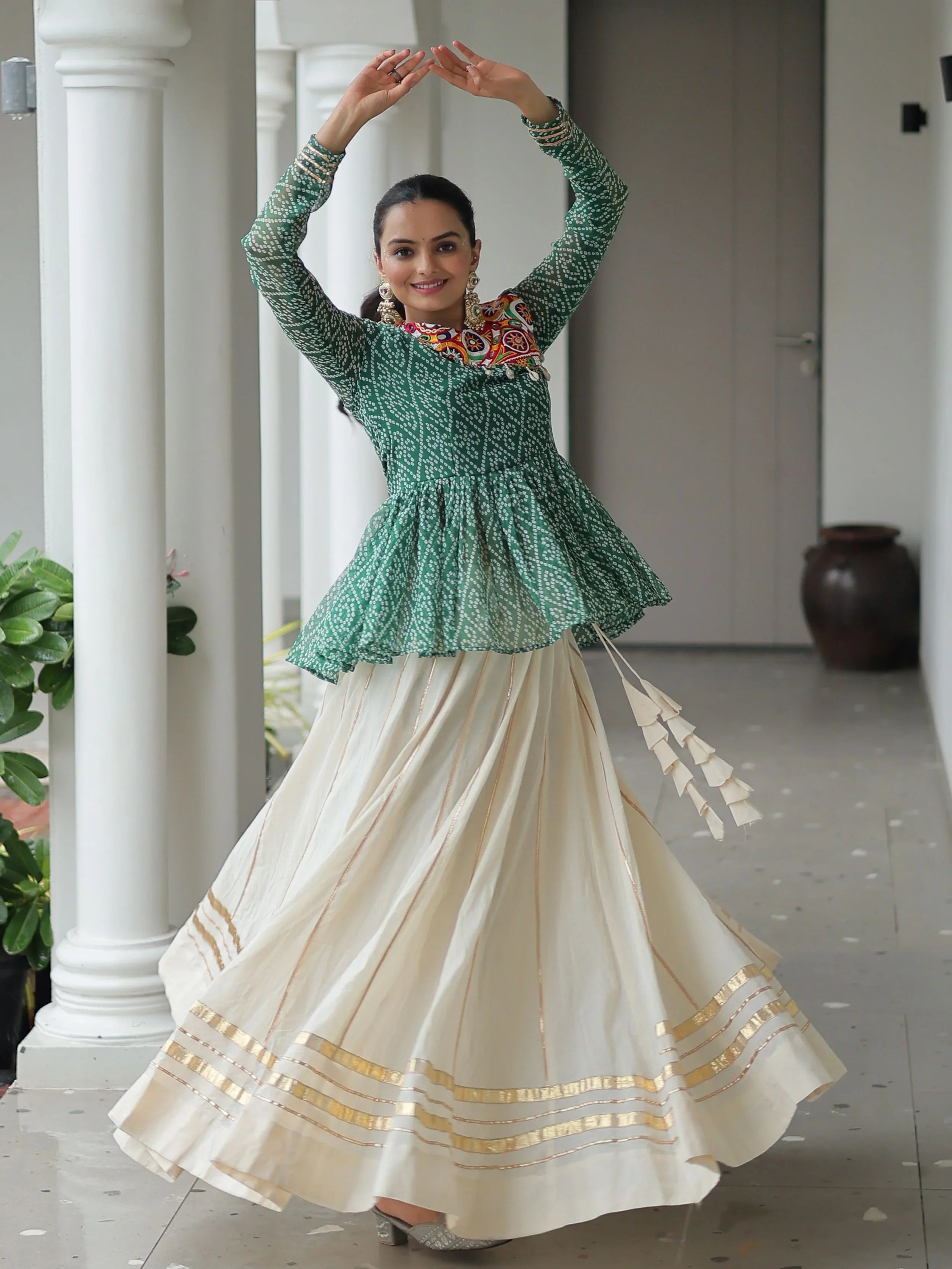 Green Kora cotton Bandhani print top with Gota Patti lehenga for Navratri