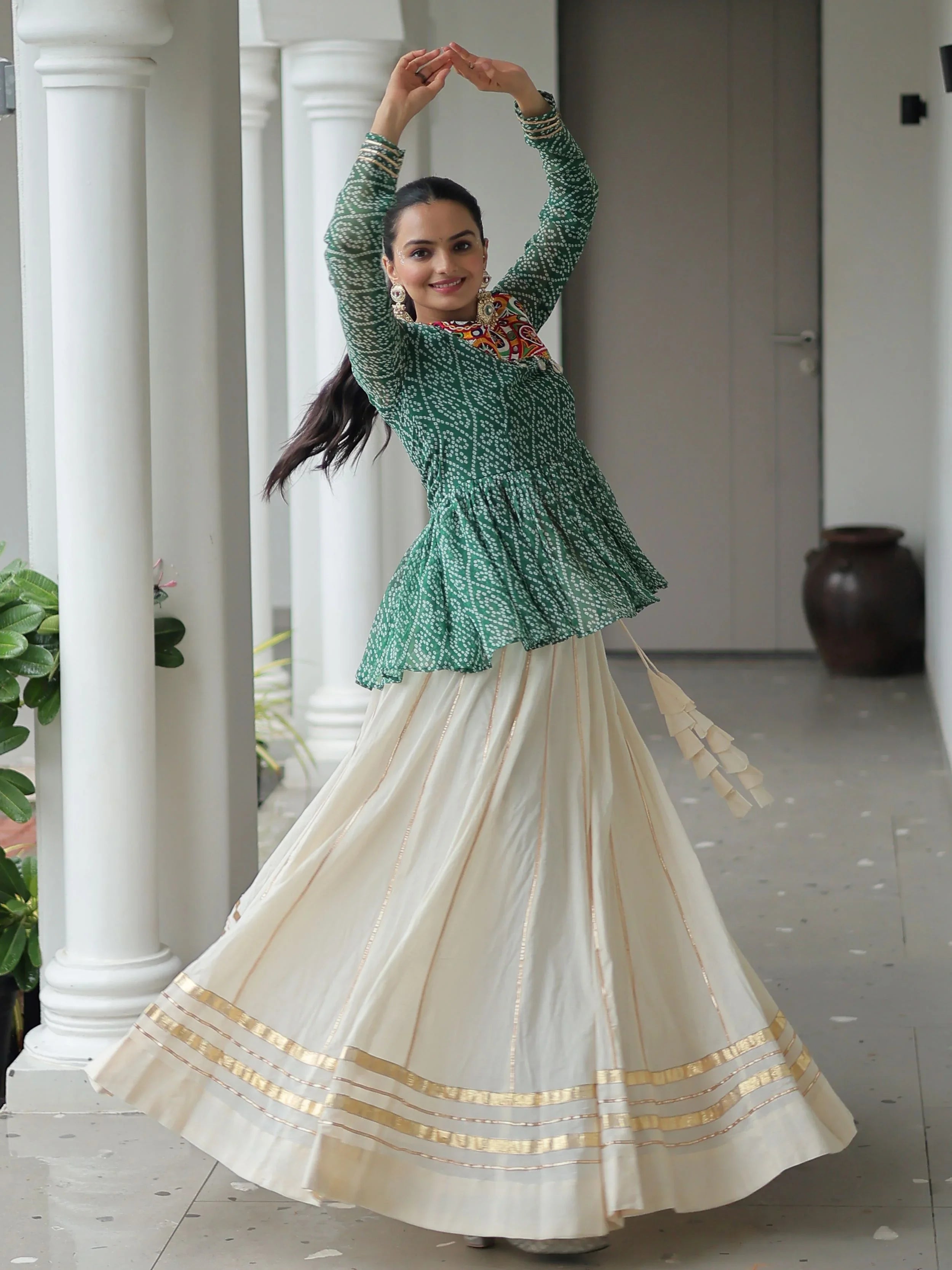 Green Kora cotton Bandhani print top with Gota Patti lehenga for Navratri