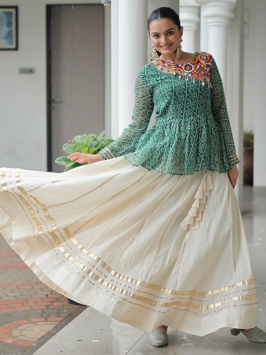 Green Kora cotton Bandhani print top with Gota Patti lehenga for Navratri