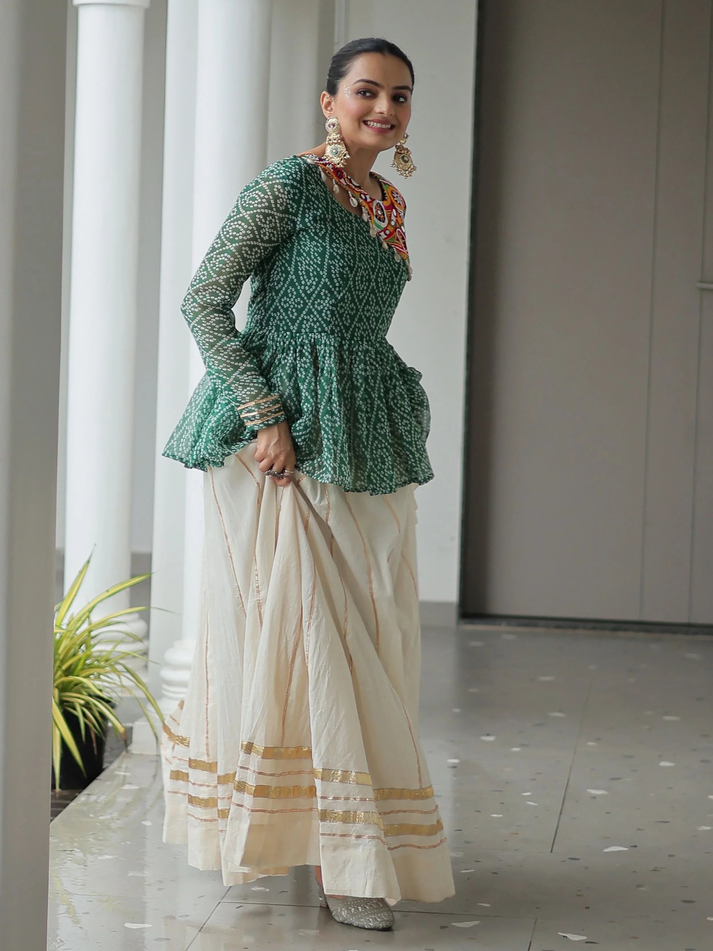 Green Kora cotton Bandhani print top with Gota Patti lehenga for Navratri