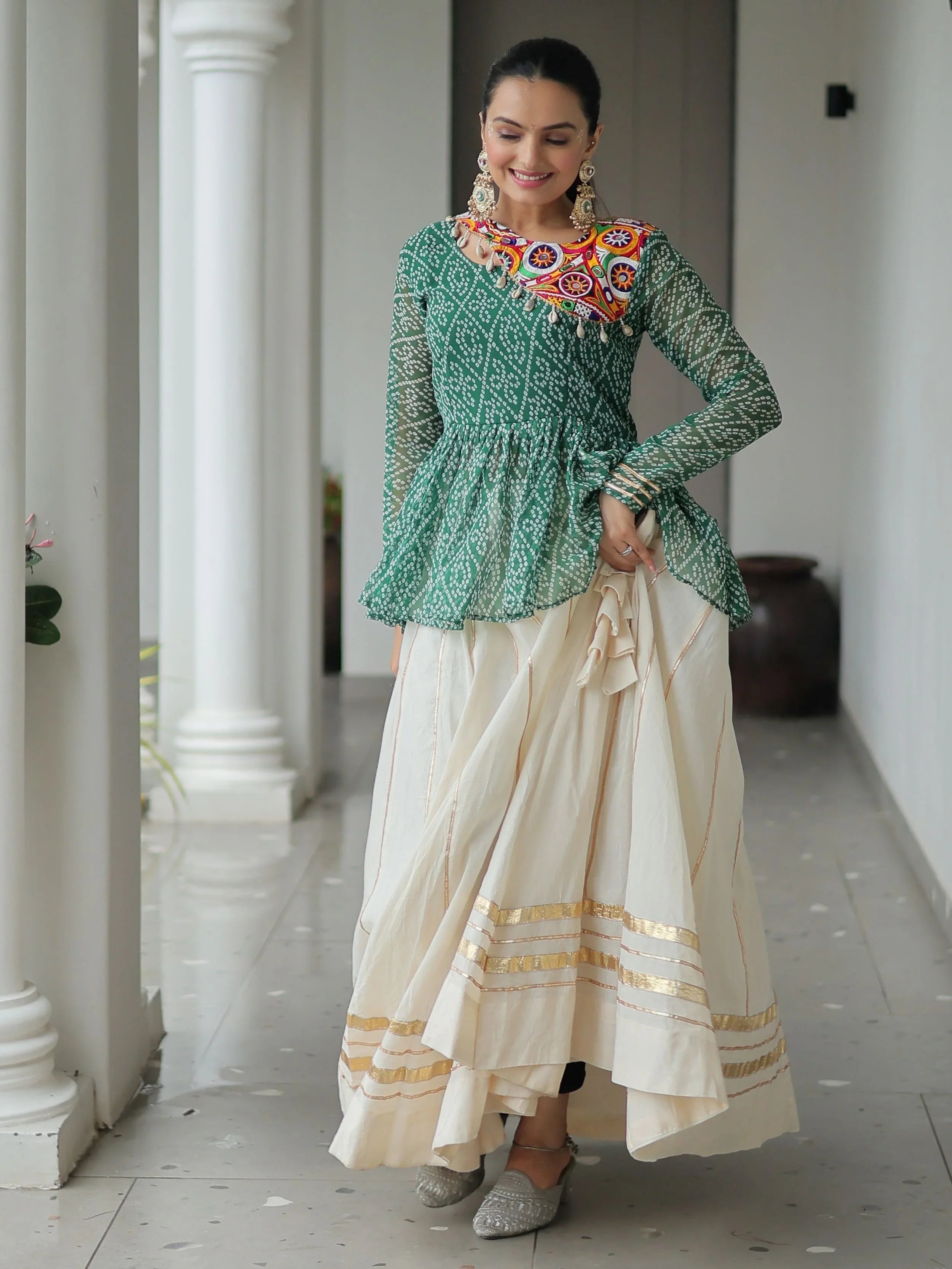 Green Kora cotton Bandhani print top with Gota Patti lehenga for Navratri