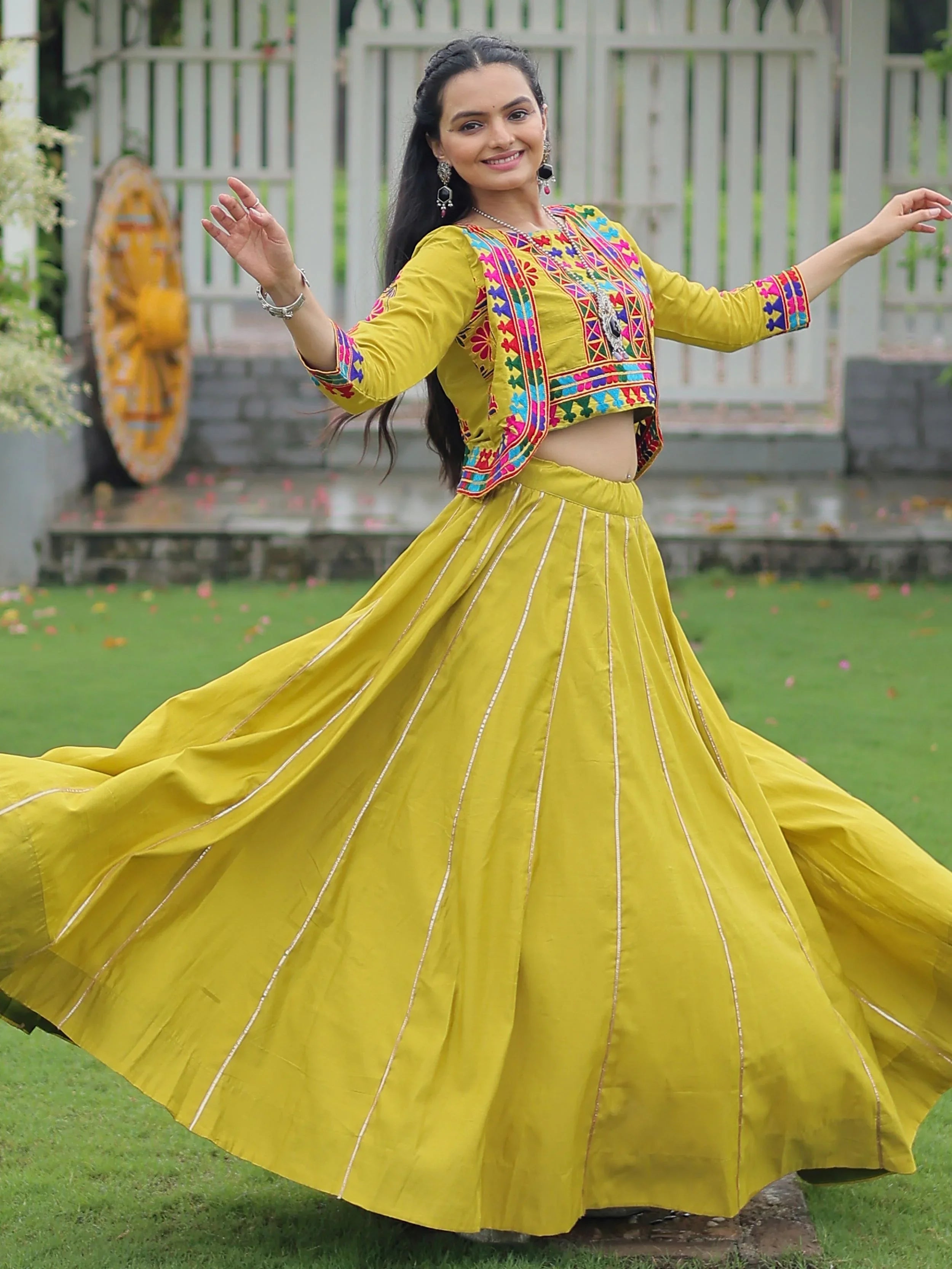 Green Kutchi Gamthi embroidered Gota Patti lace lehenga choli with koti