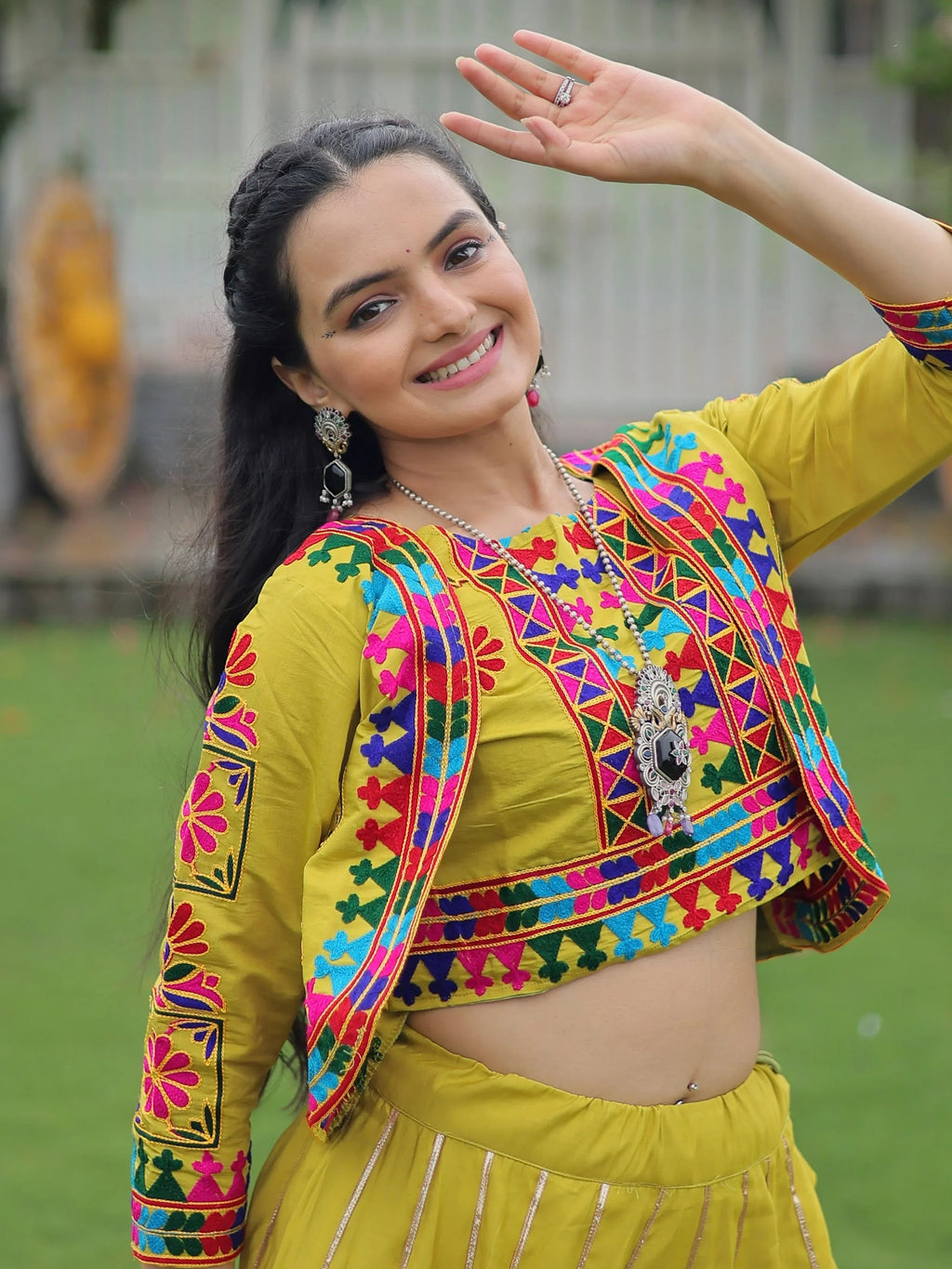 Green Kutchi Gamthi embroidered Gota Patti lace lehenga choli with koti
