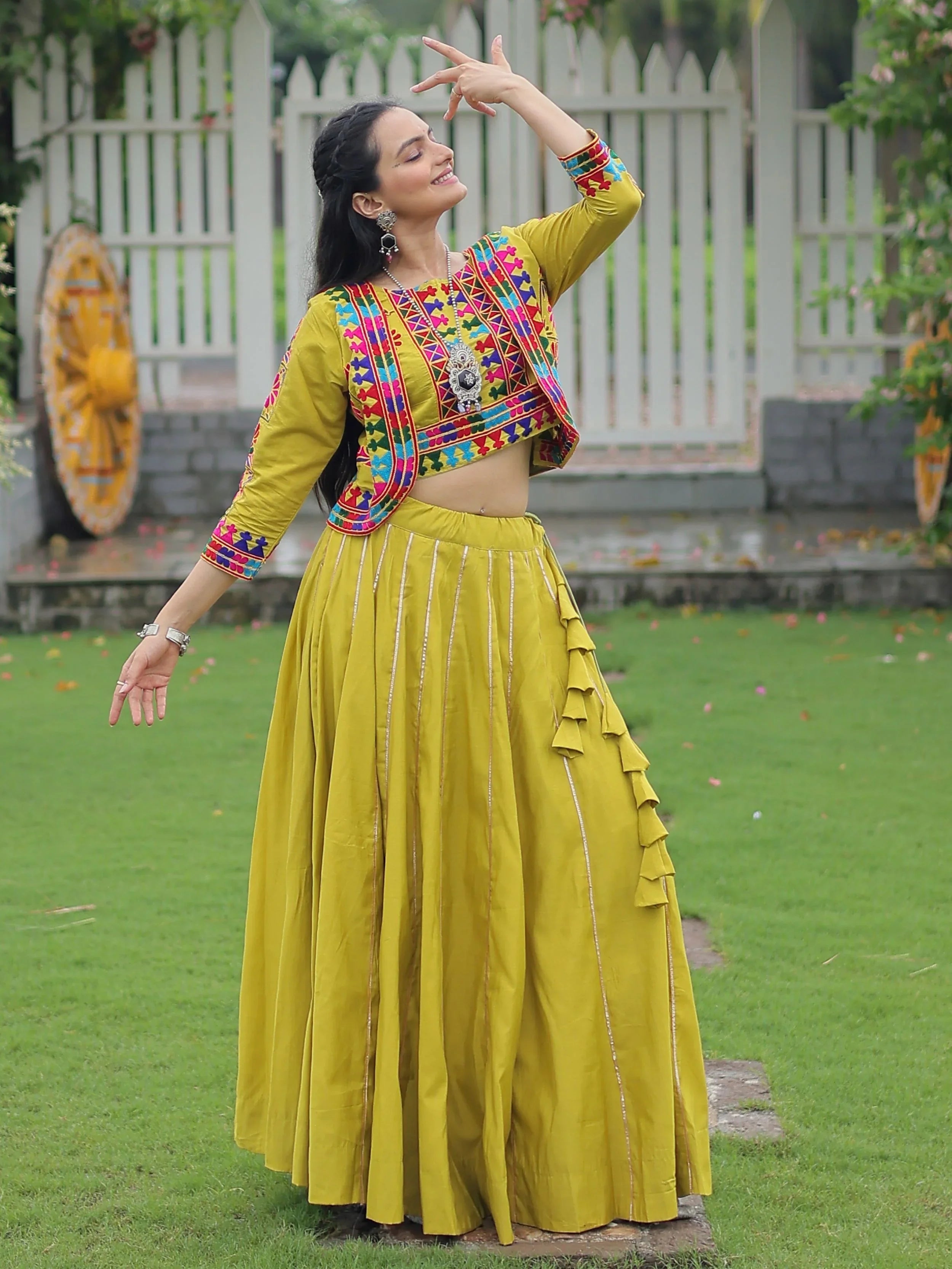 Green Kutchi Gamthi embroidered Gota Patti lace lehenga choli with koti
