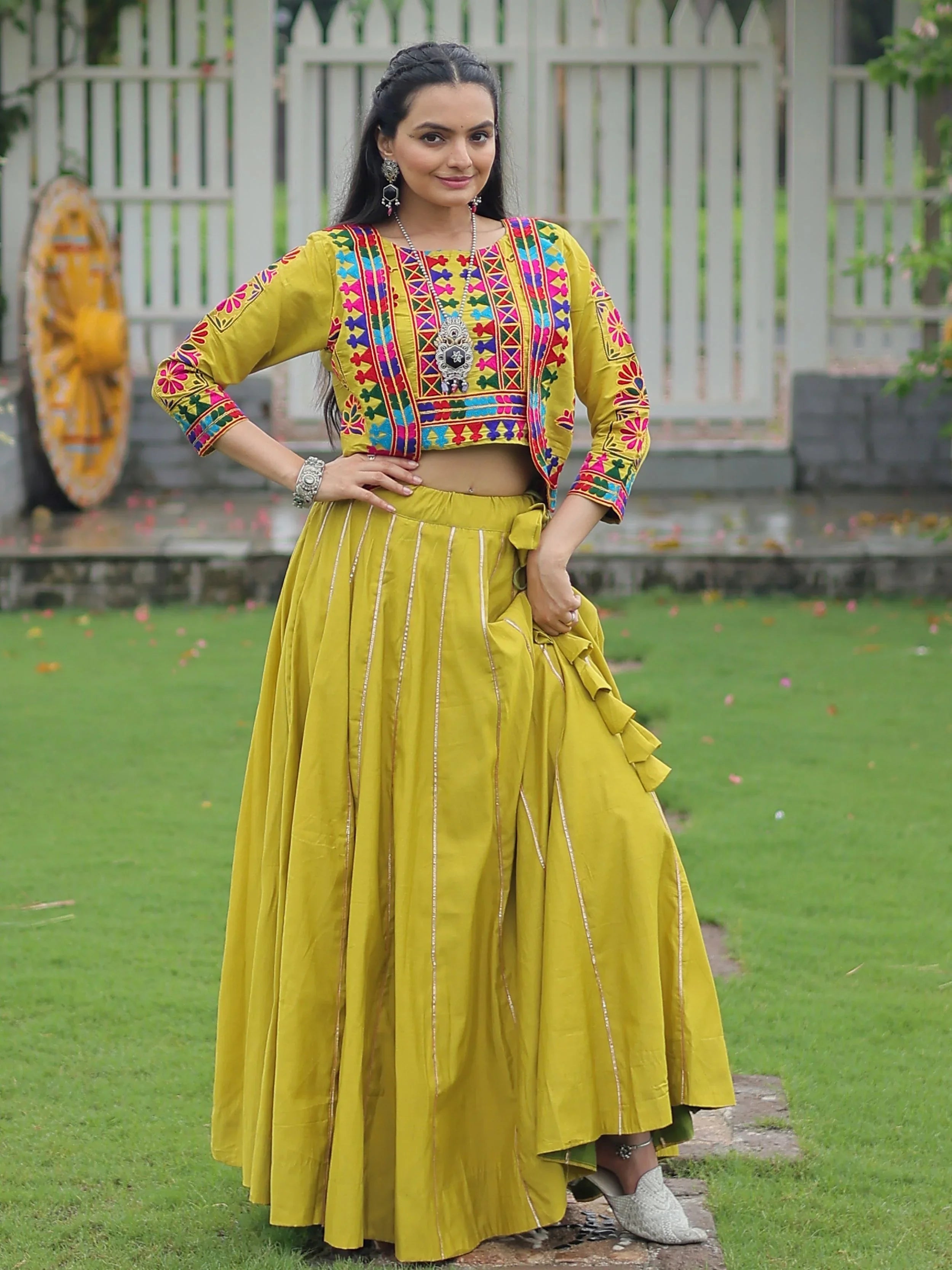 Green Kutchi Gamthi embroidered Gota Patti lace lehenga choli with koti