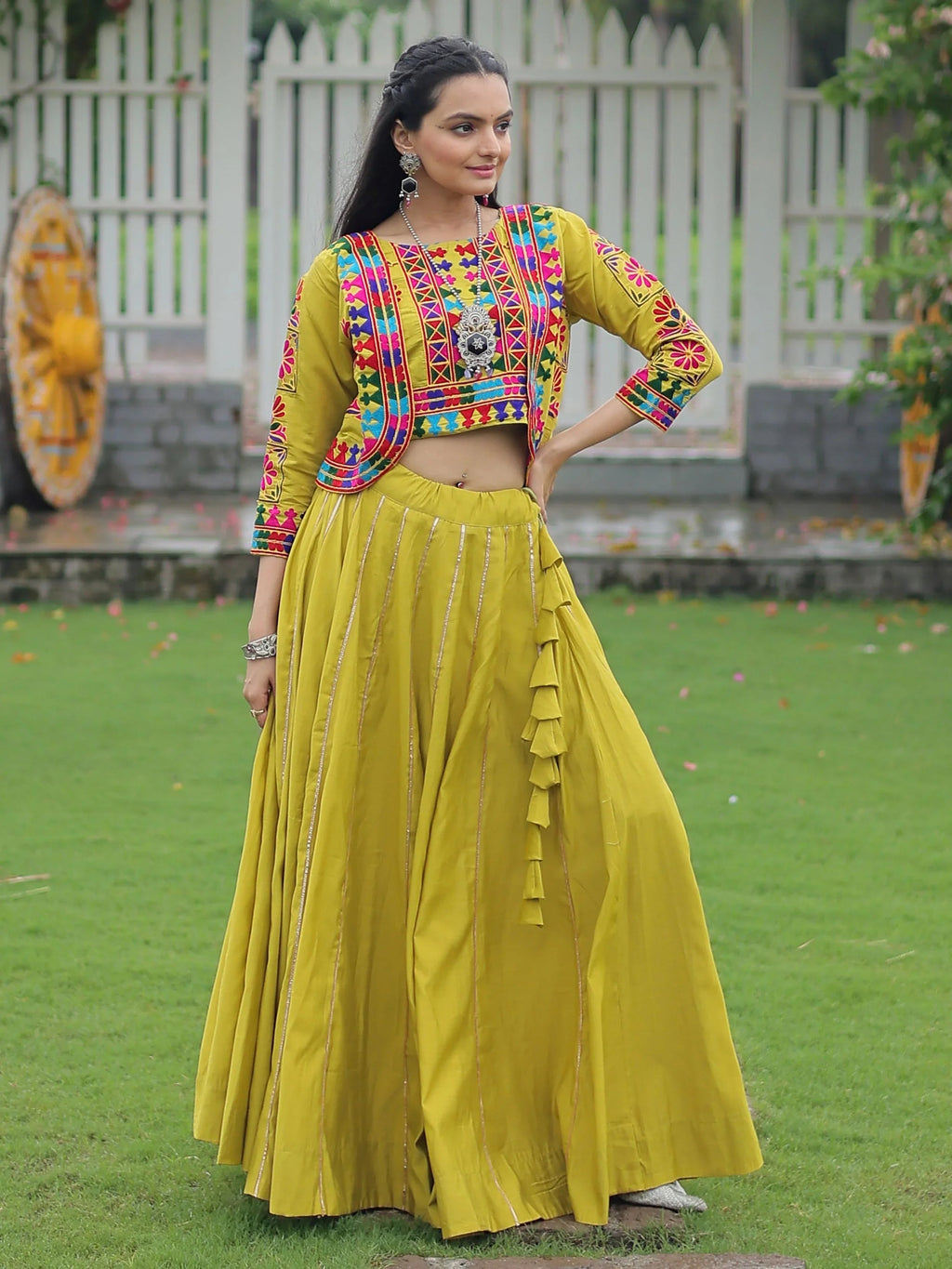 Green Kutchi Gamthi embroidered Gota Patti lace lehenga choli with koti