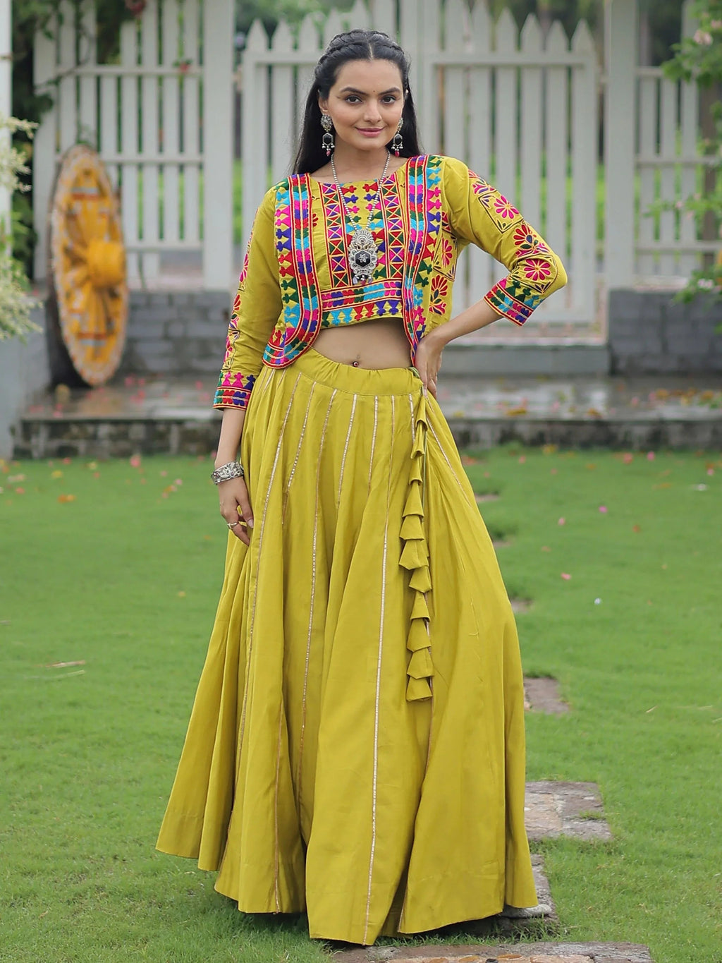 Green Kutchi Gamthi embroidered Gota Patti lace lehenga choli with koti