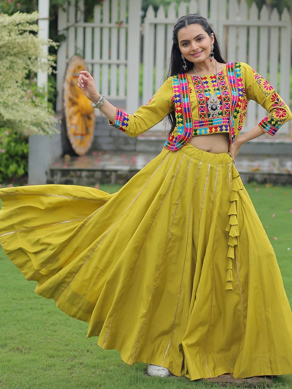 Green Kutchi Gamthi embroidered Gota Patti lace lehenga choli with koti