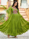 Green Laheriya print georgette Kutchi patchwork Navratri gown