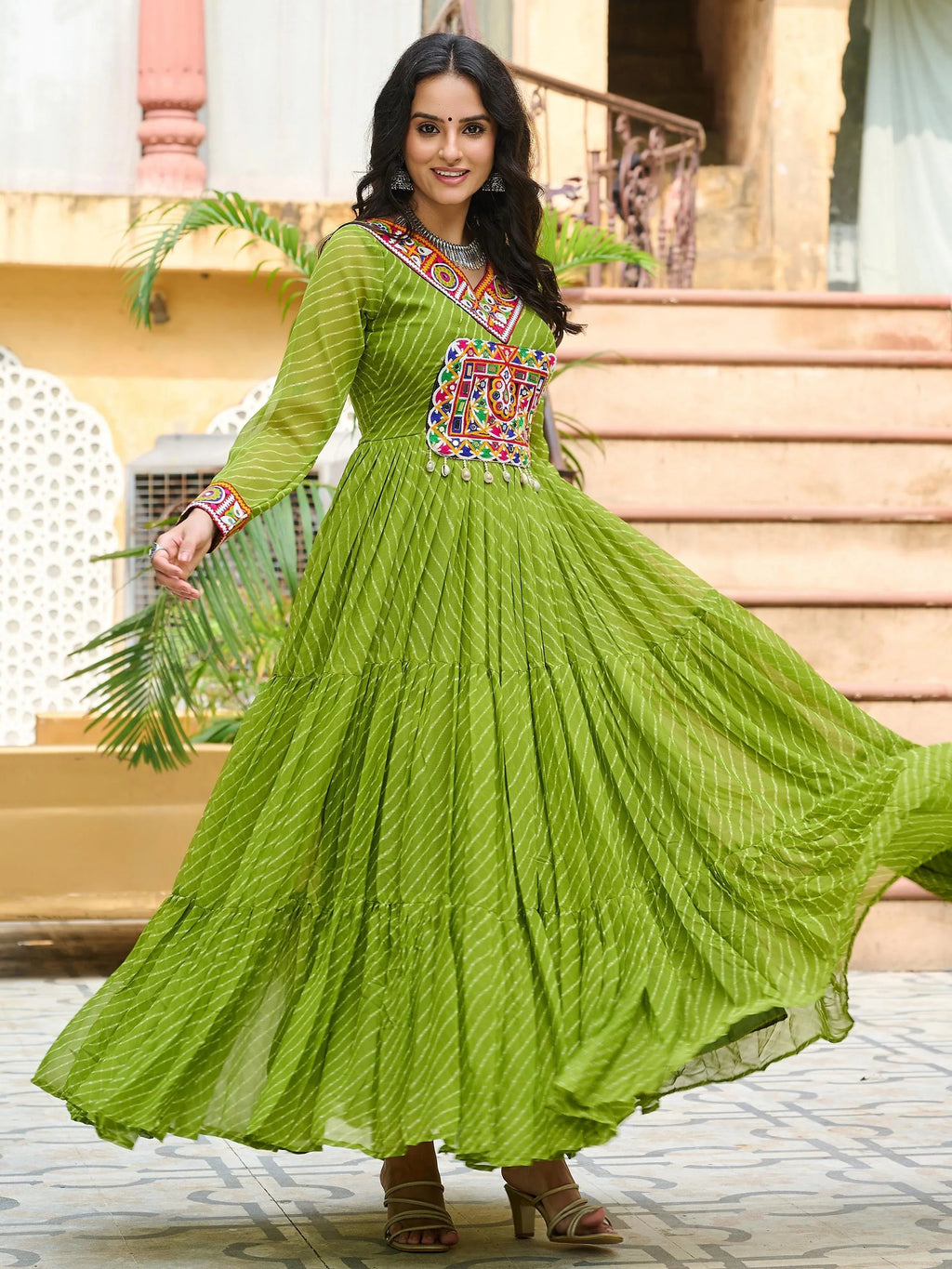 Green Laheriya print georgette Kutchi patchwork Navratri gown
