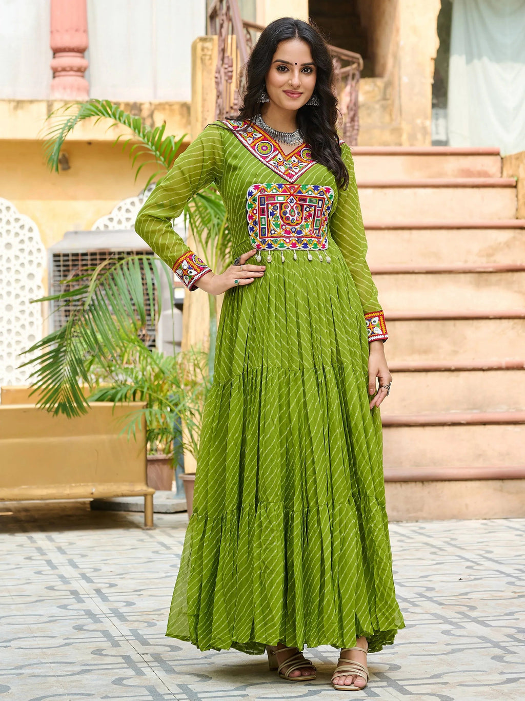 Green Laheriya print georgette Kutchi patchwork Navratri gown