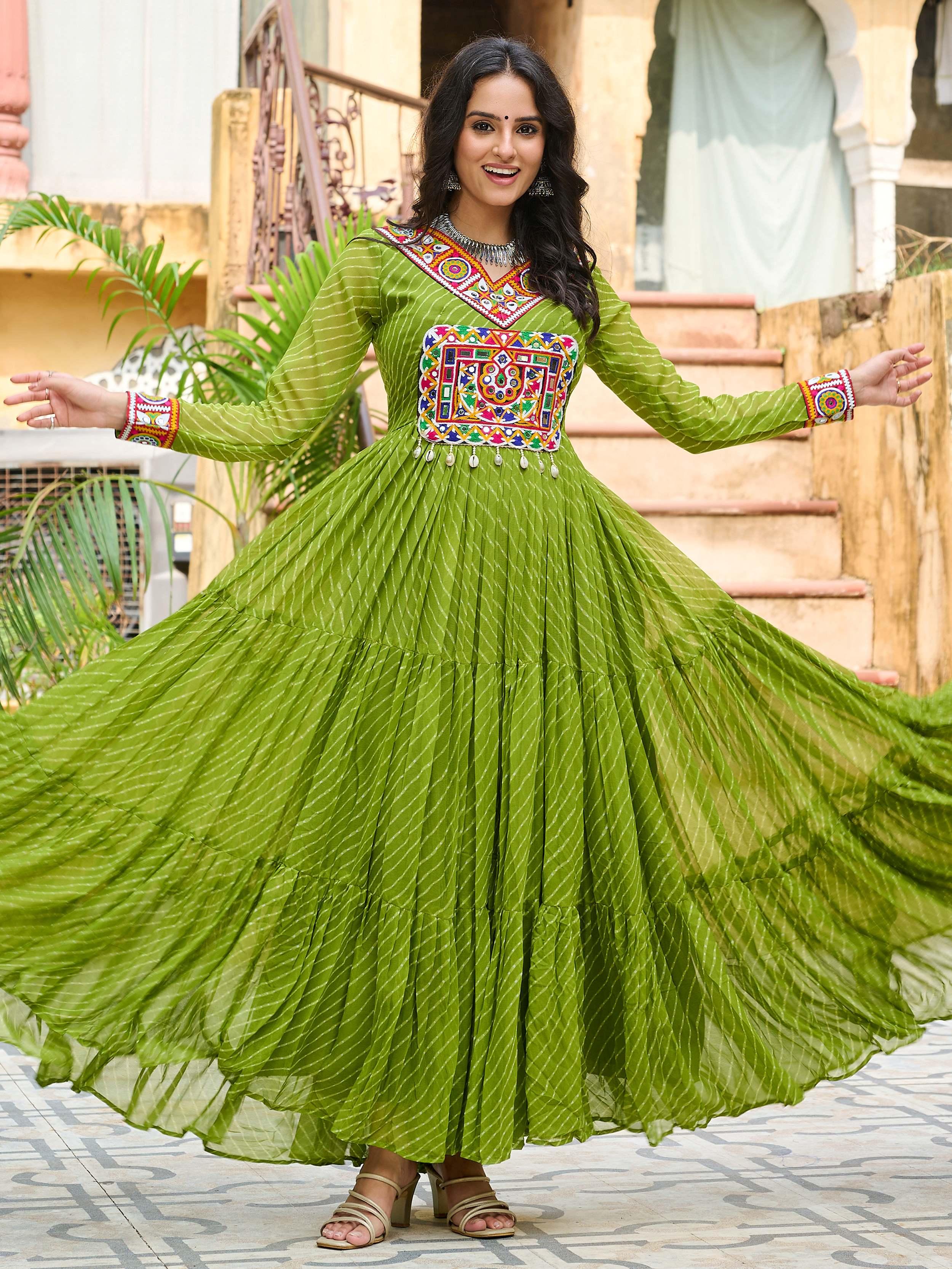 Green Laheriya print georgette Kutchi patchwork Navratri gown