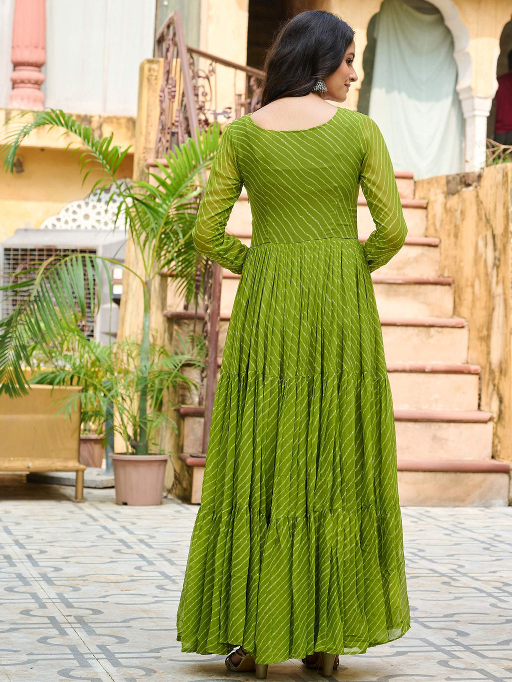 Green Laheriya print georgette Kutchi patchwork Navratri gown