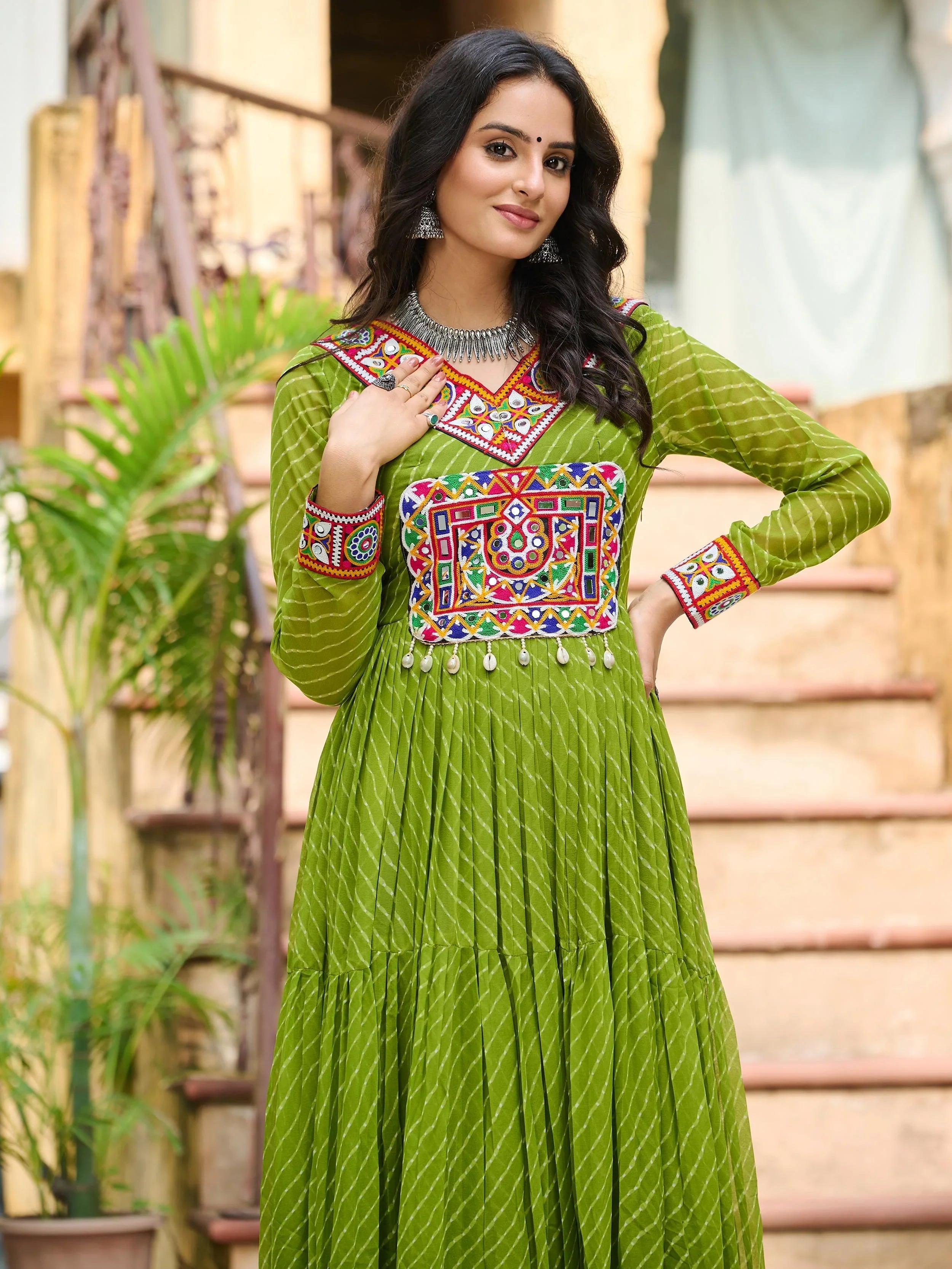 Green Laheriya print georgette Kutchi patchwork Navratri gown