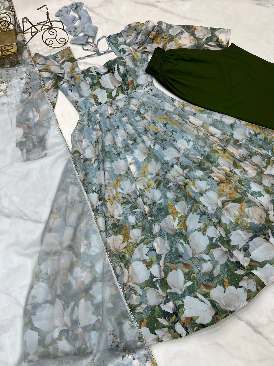 Green organza silk floral print anarkali set with dupatta and pant