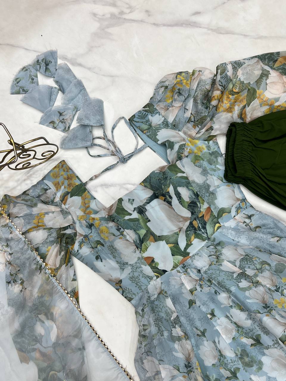Green organza silk floral print anarkali set with dupatta and pant