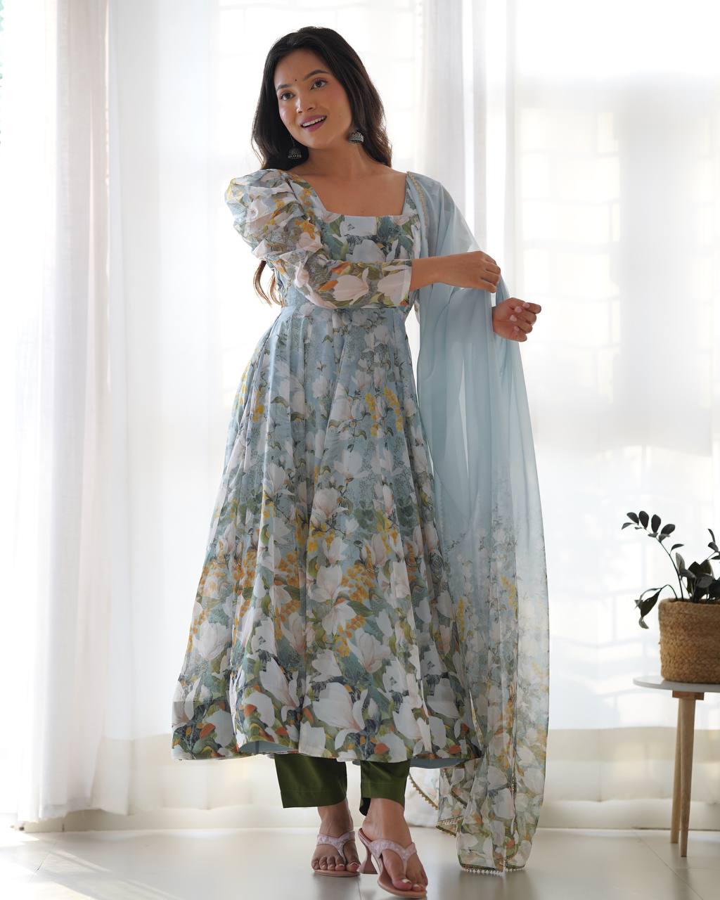 Green organza silk floral print anarkali set with dupatta and pant