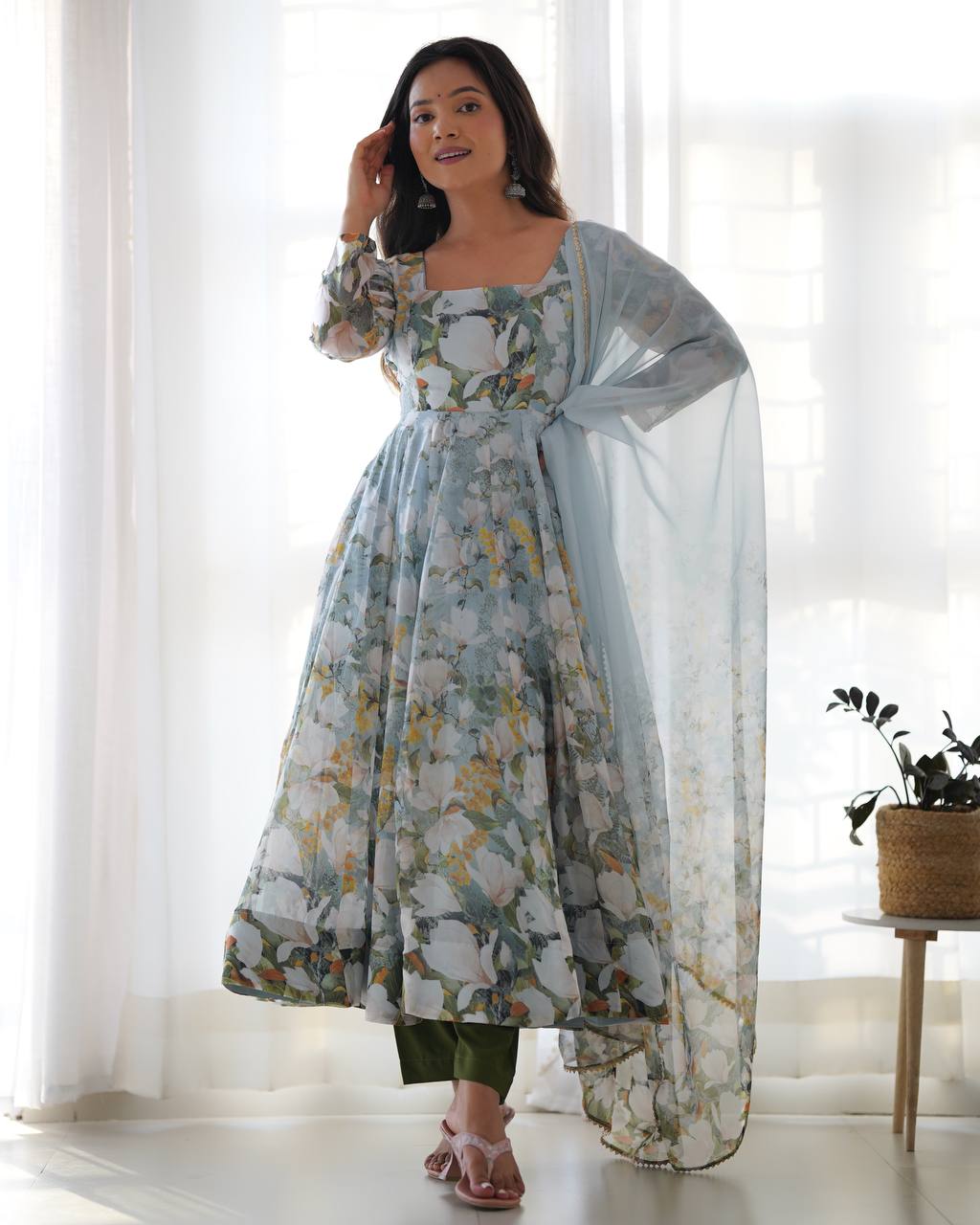 Green organza silk floral print anarkali set with dupatta and pant