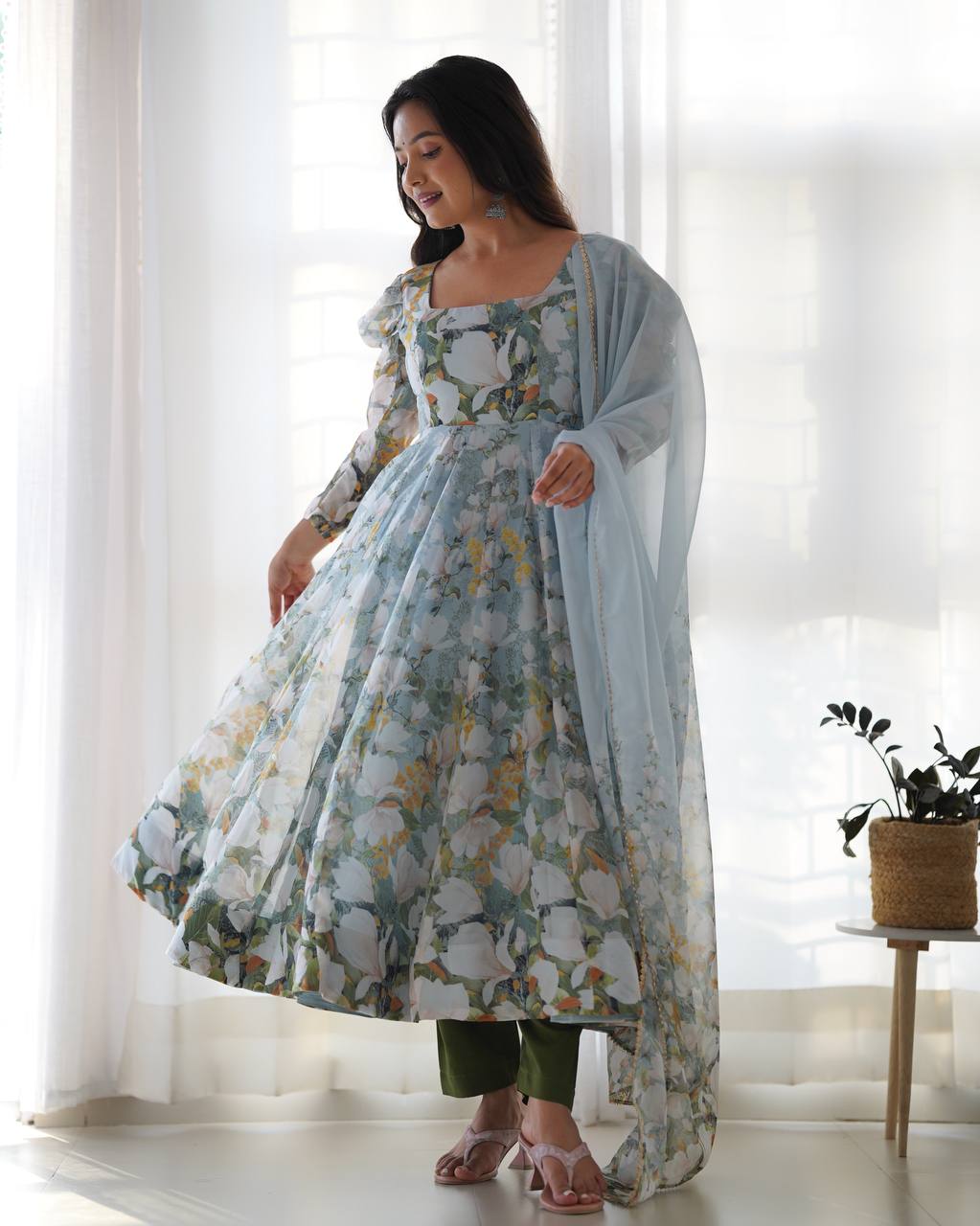 Green organza silk floral print anarkali set with dupatta and pant