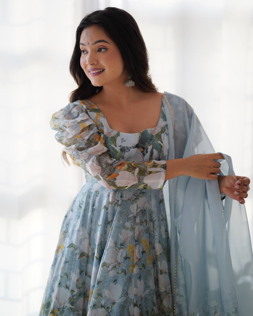Green organza silk floral print anarkali set with dupatta and pant