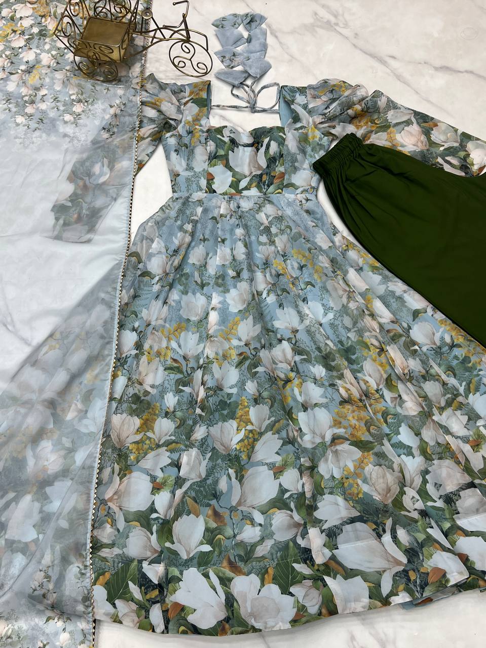Green organza silk floral print anarkali set with dupatta and pant