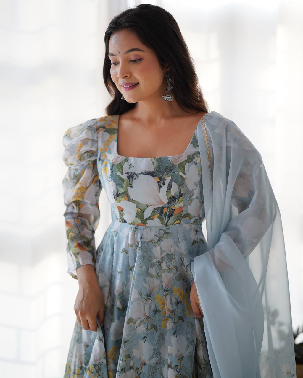 Green organza silk floral print anarkali set with dupatta and pant