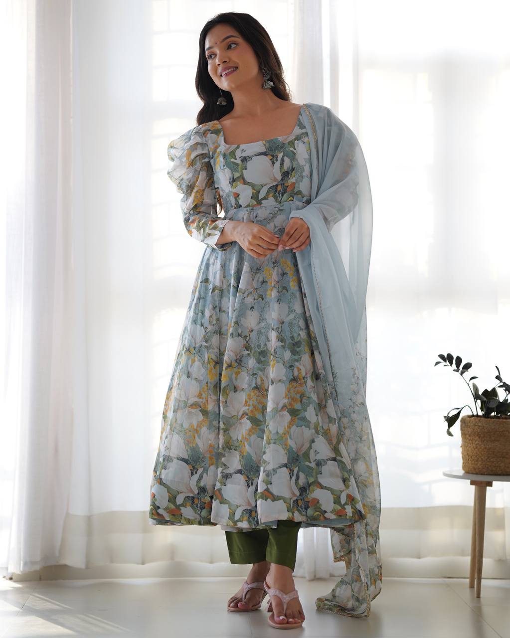 Green organza silk floral print anarkali set with dupatta and pant