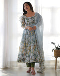 Green organza silk floral print anarkali set with dupatta and pant