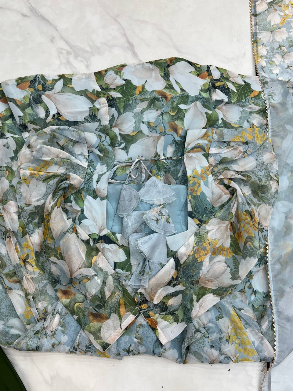 Green organza silk floral print anarkali set with dupatta and pant