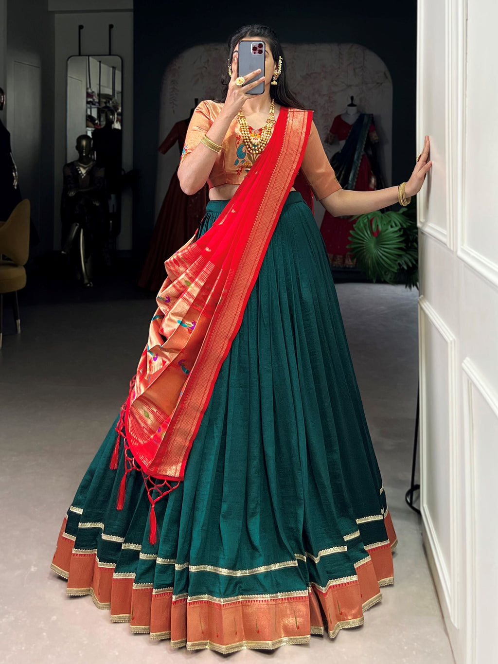 Green Paithani Vichitra silk zari weaving lehenga choli with dupatta