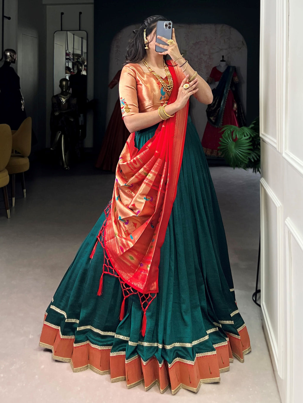 Green Paithani Vichitra silk zari weaving lehenga choli with dupatta