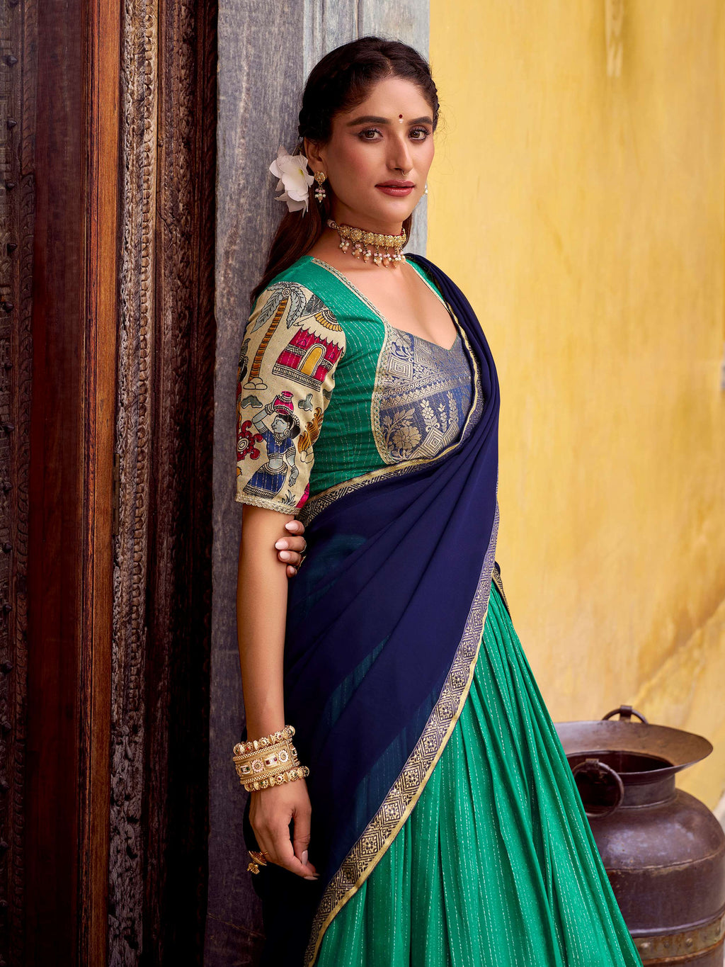 Green poly Chanderi Kalamkari print zari weaving half saree lehenga