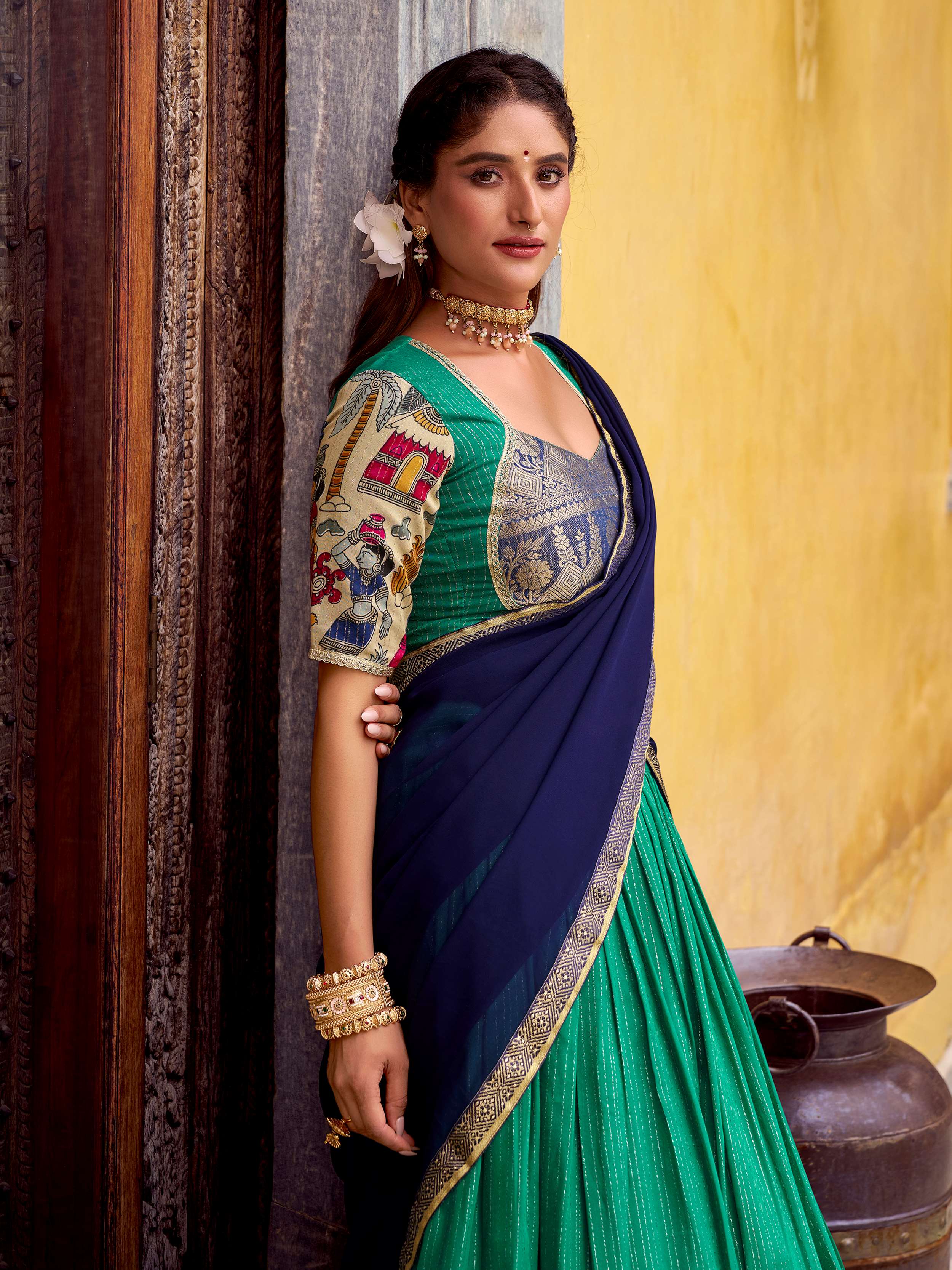 Green poly Chanderi Kalamkari print zari weaving half saree lehenga