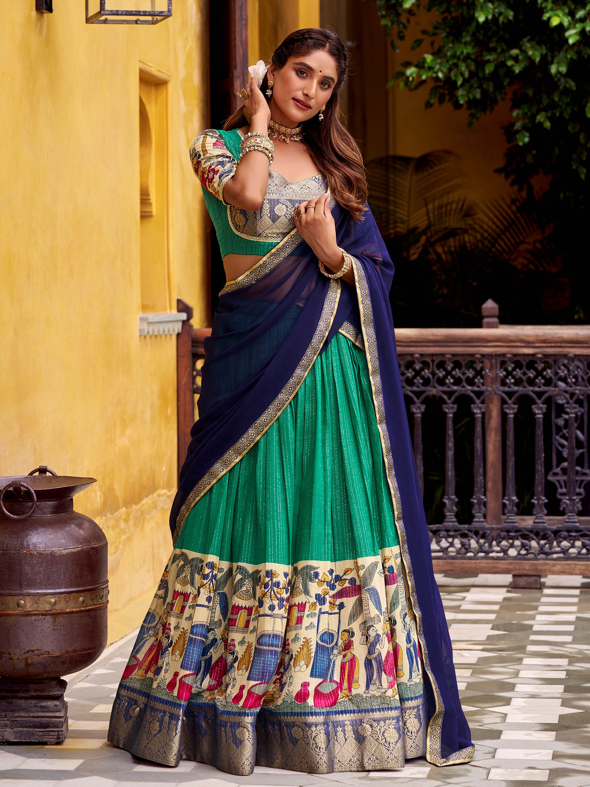 Green poly Chanderi Kalamkari print zari weaving half saree lehenga