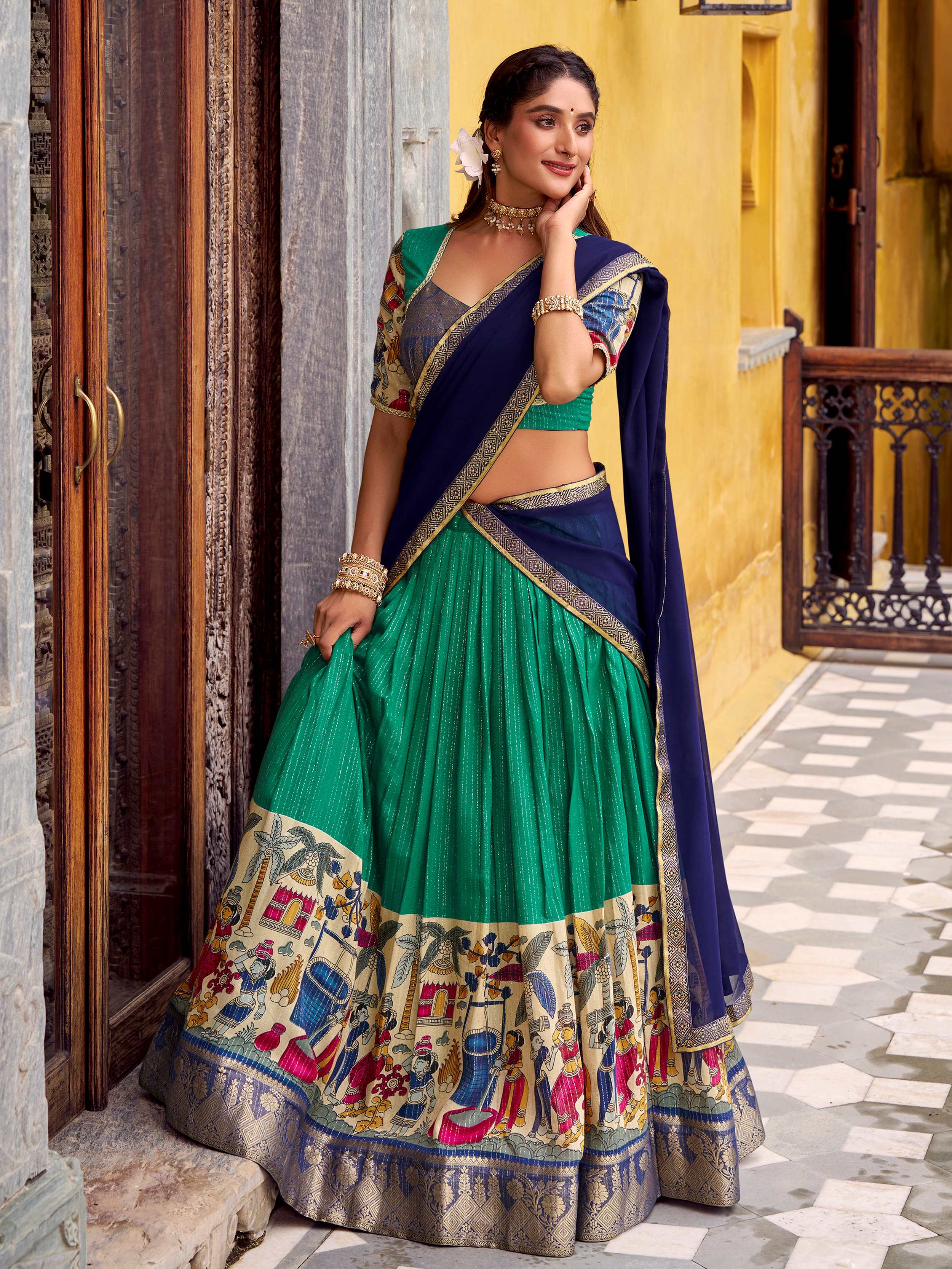 Green poly Chanderi Kalamkari print zari weaving half saree lehenga