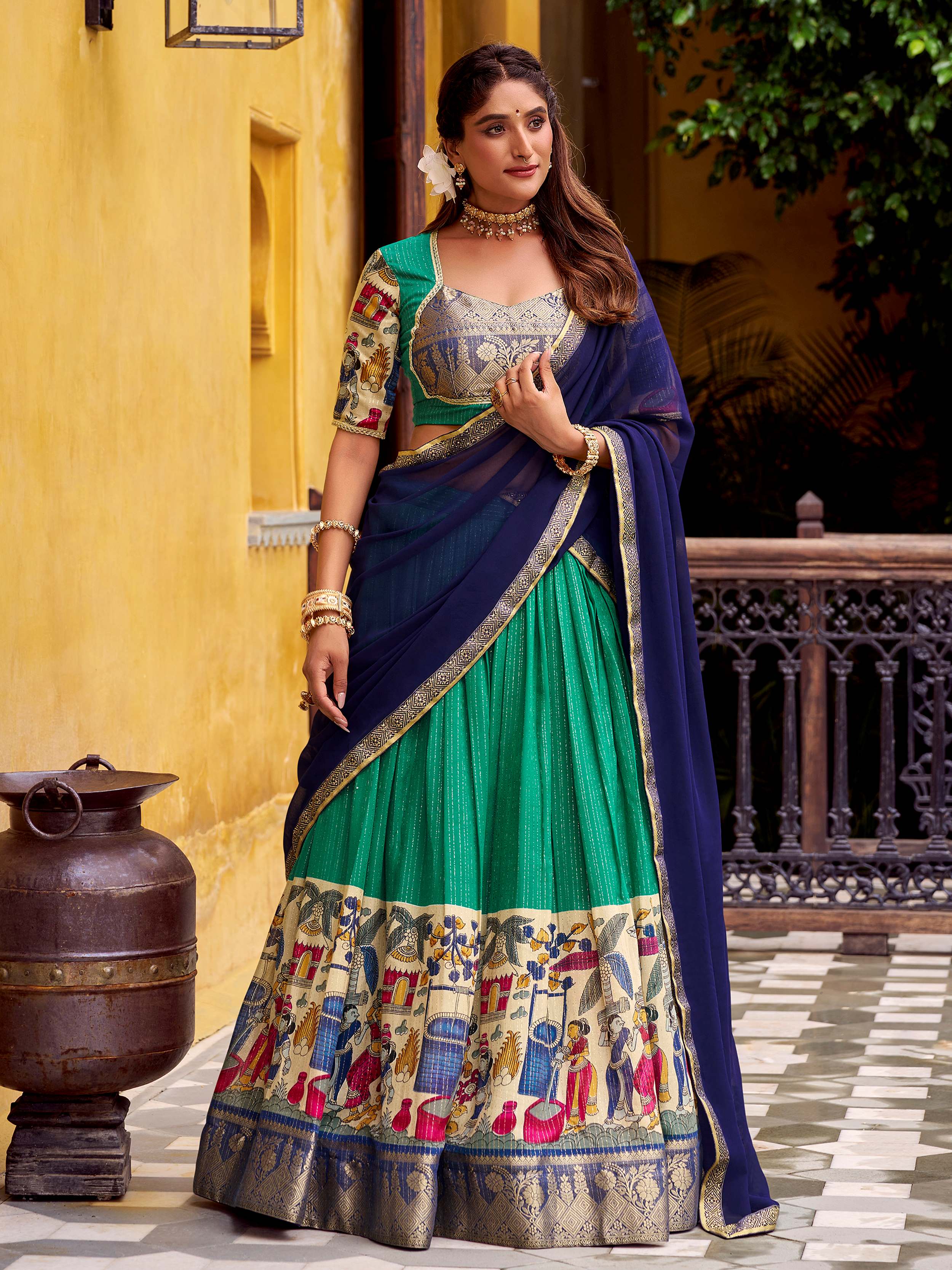 Green poly Chanderi Kalamkari print zari weaving half saree lehenga