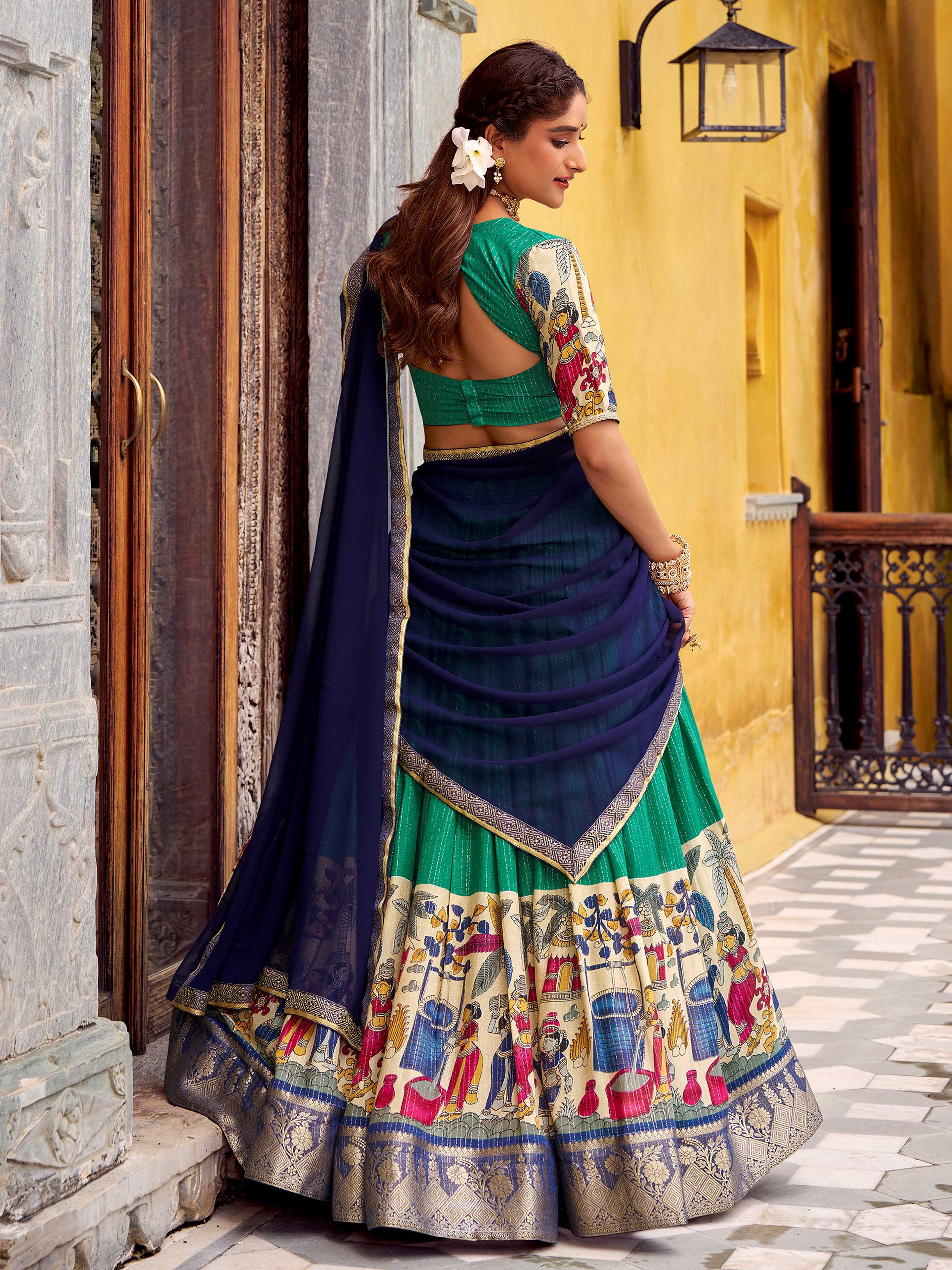 Green poly Chanderi Kalamkari print zari weaving half saree lehenga