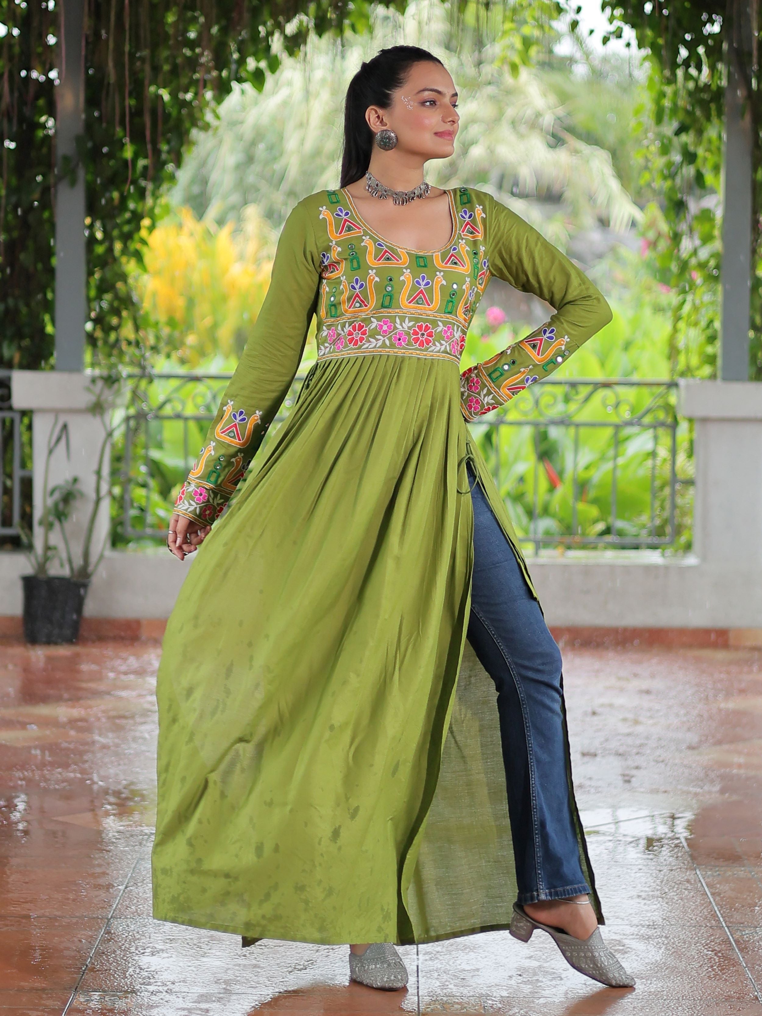 Green pure rayon nayra cut kurti with kutchi gamthi work